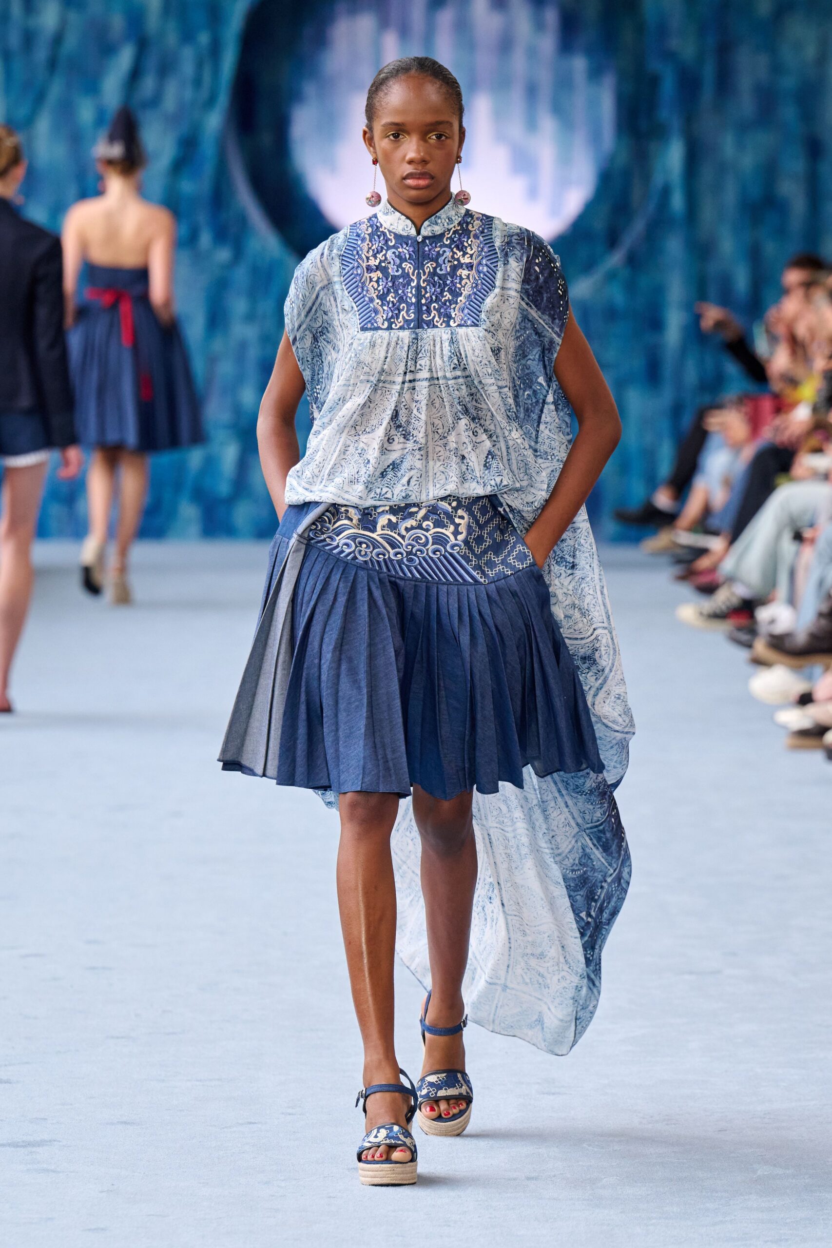 blue cotton fitted pleated a-line mini skirt