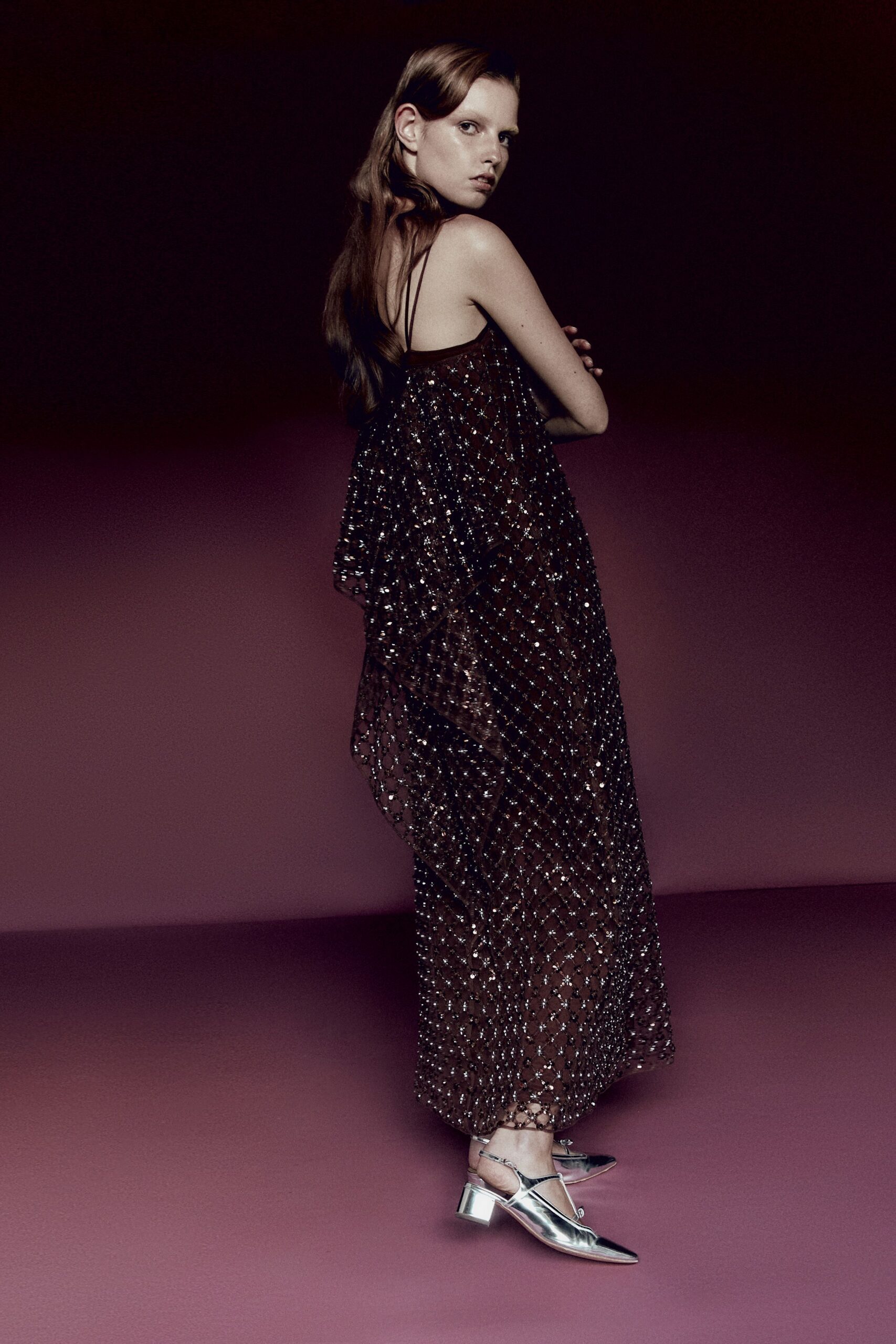 brown silk sleeveless v-neck relaxed layered sequined dress