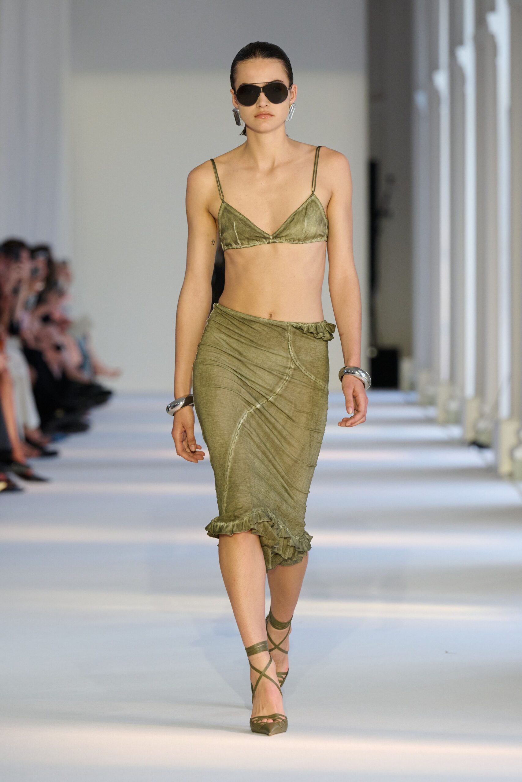 green cotton sleeveless fitted ruffled short crop-top