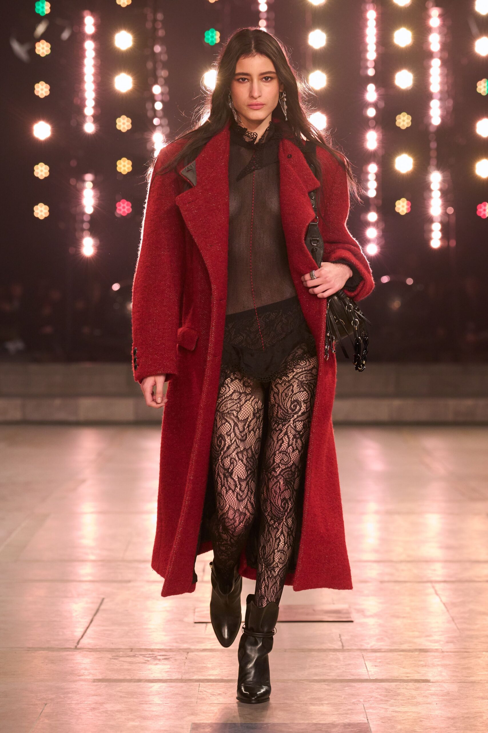 red wool long-sleeve collared relaxed buttoned coat