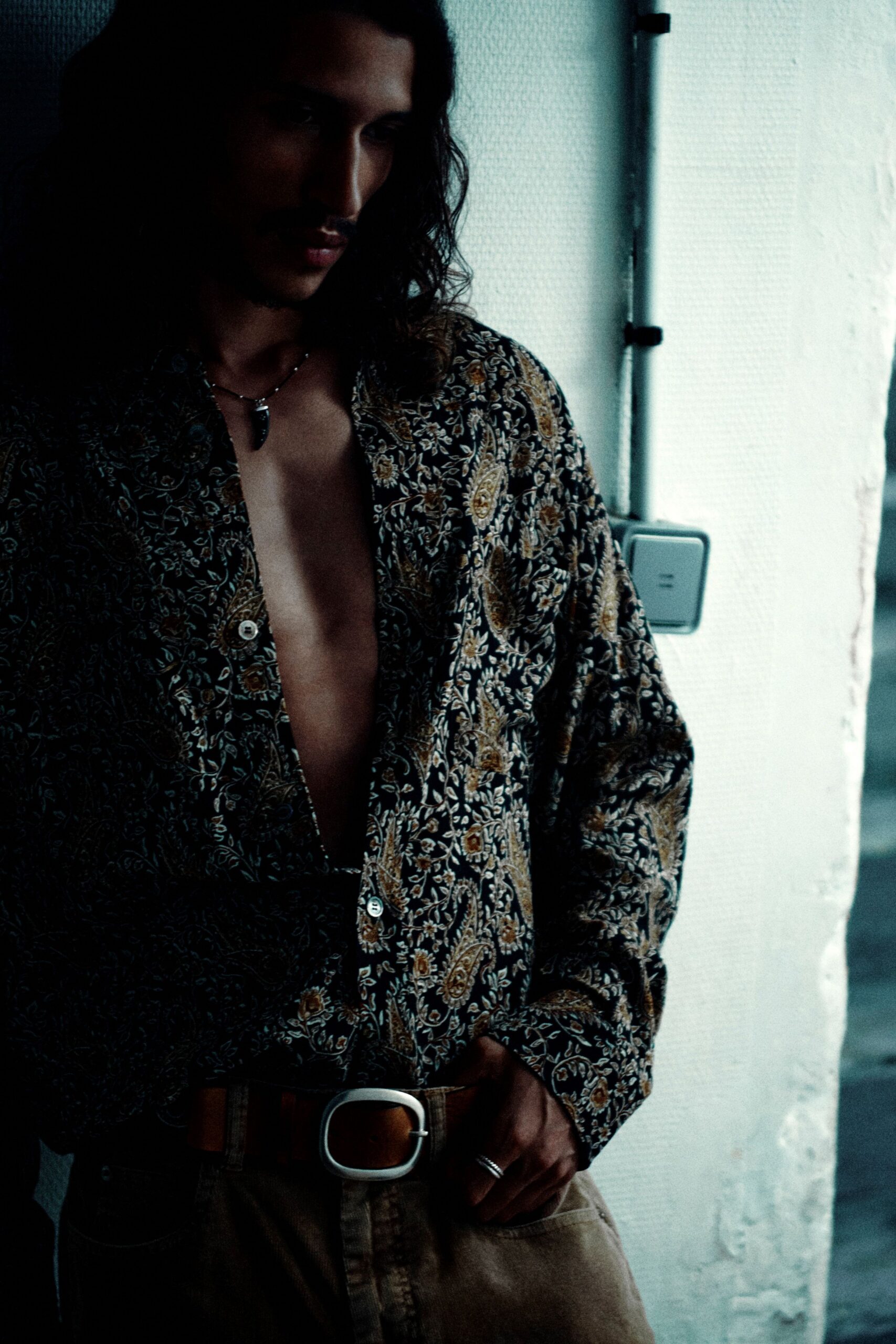 floral relaxed shirt with beige pants