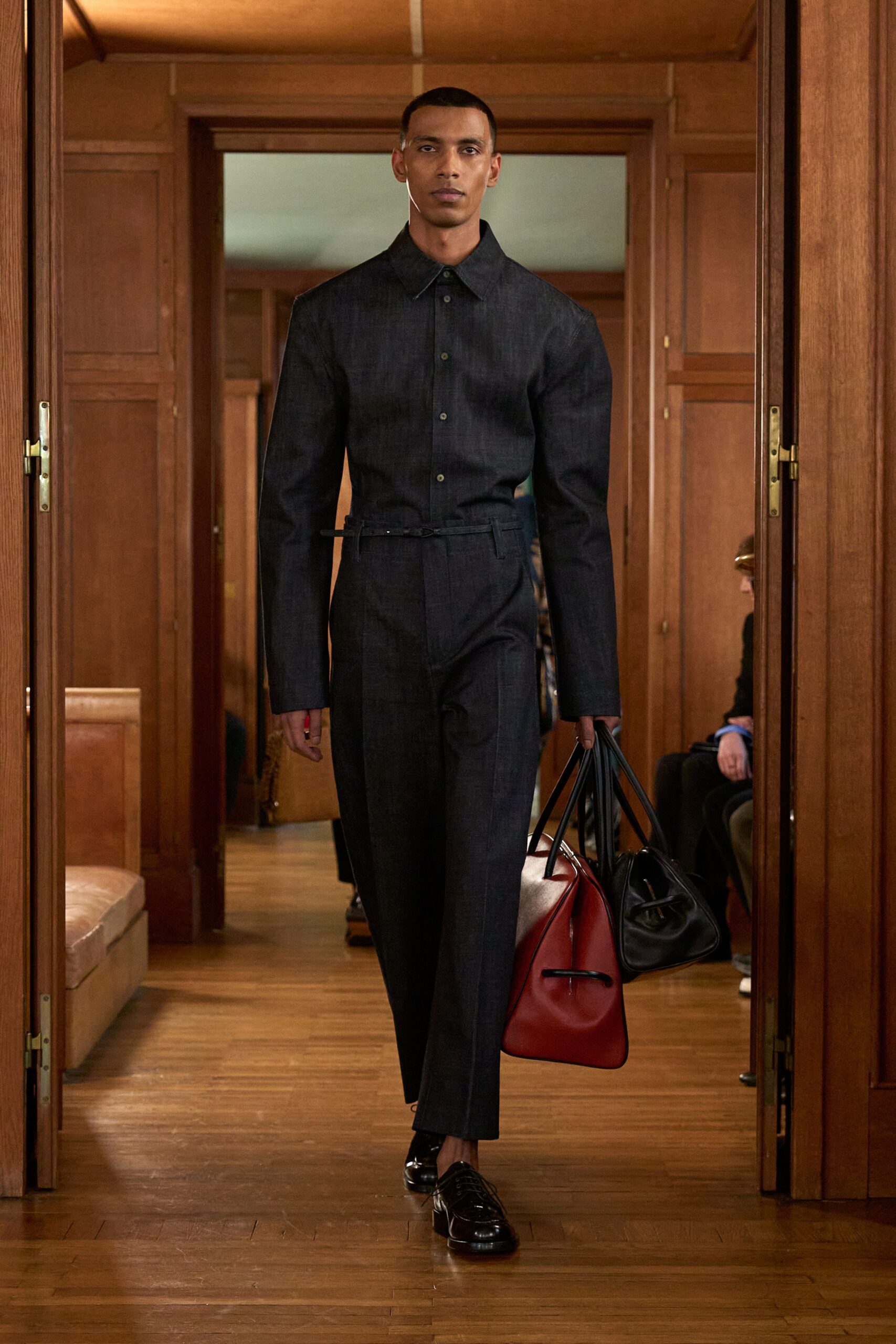 blue denim long-sleeve collared fitted buttoned belted jumpsuit