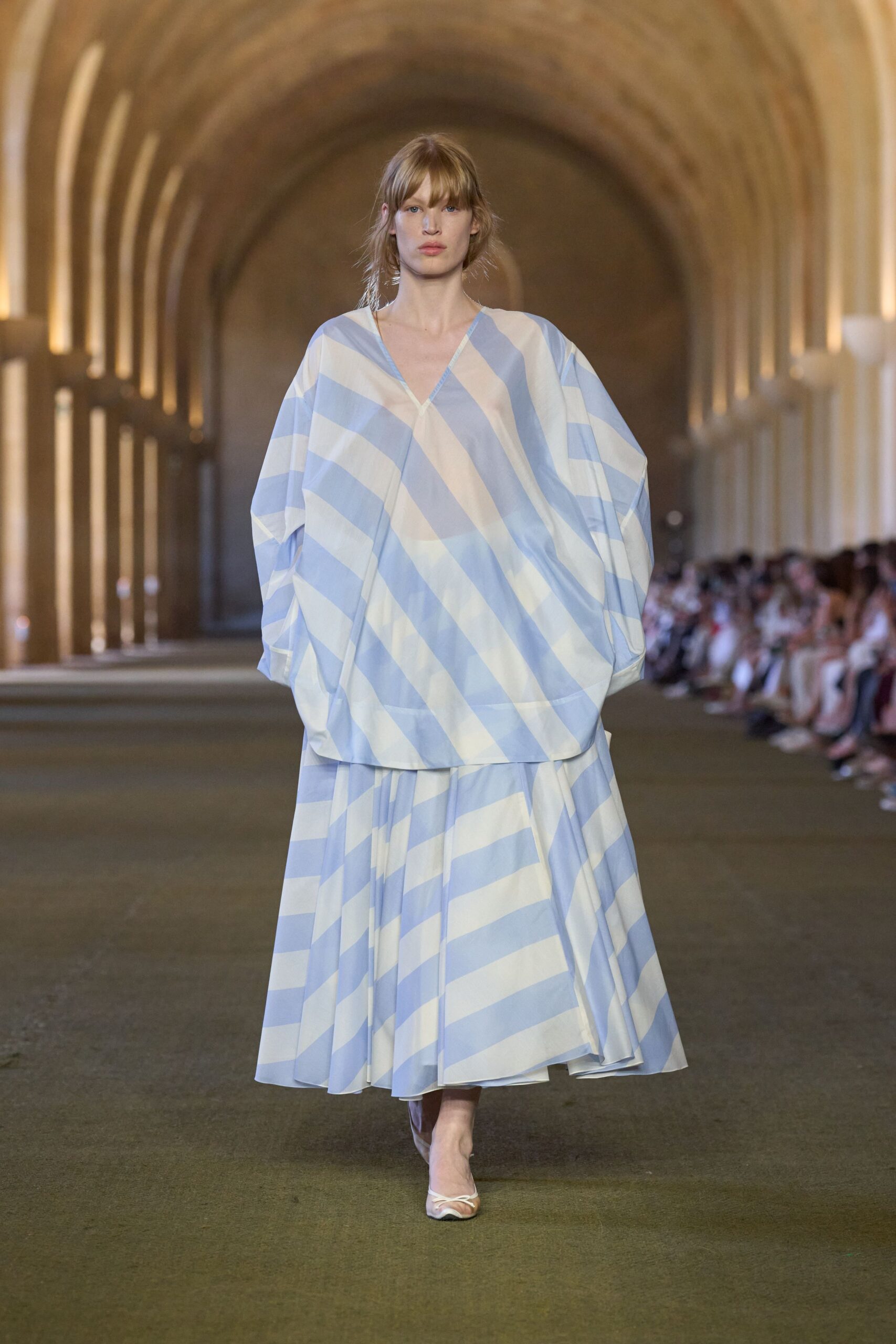 blue and white striped outfit