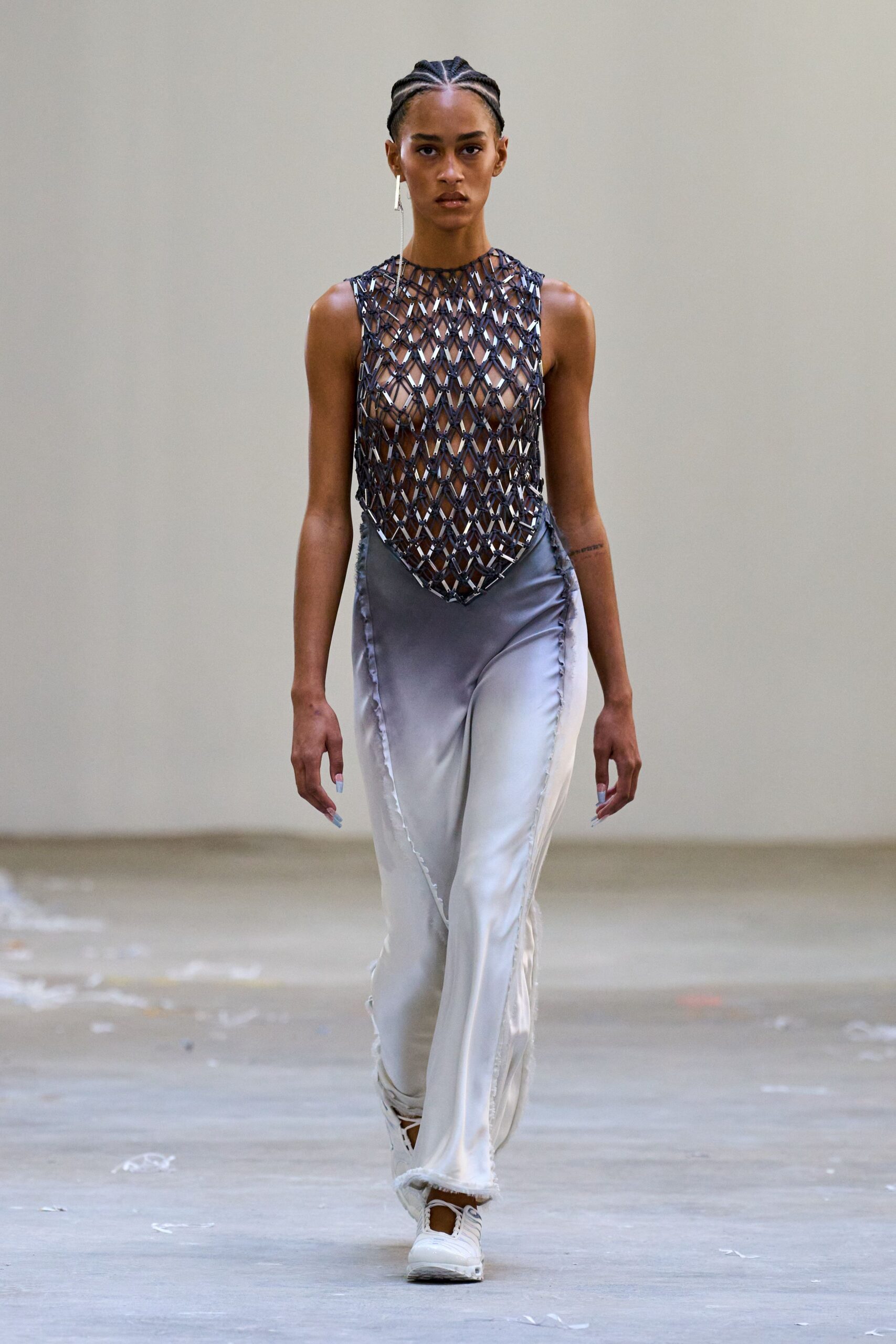 white silk fitted high-waisted straight-leg shiny pants