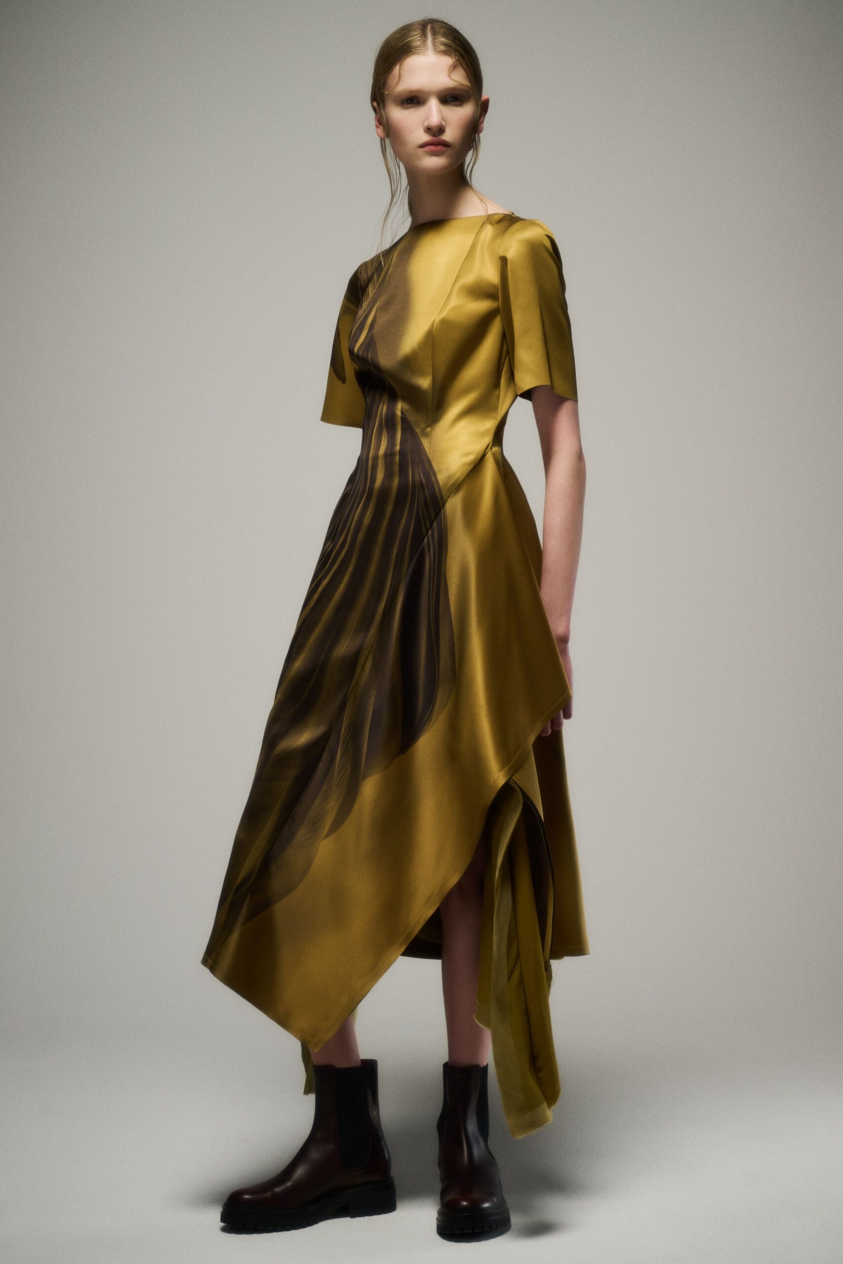 yellow silk short-sleeve asymmetric fitted draped flowing dress