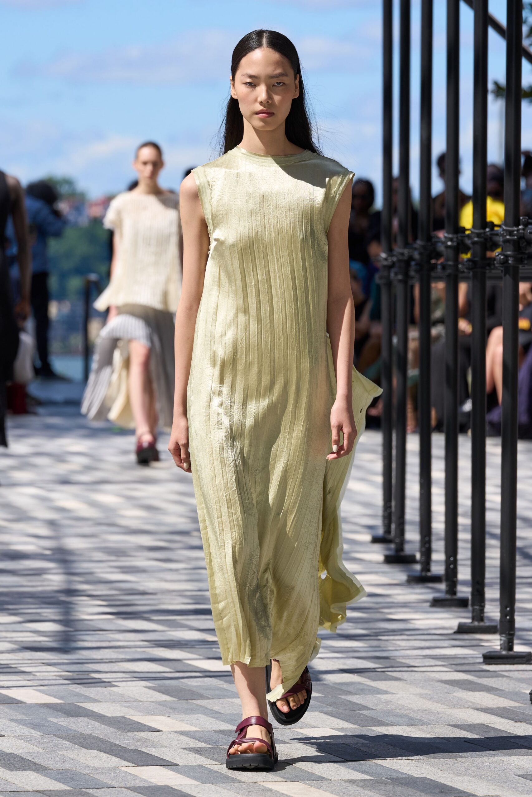 yellow silk sleeveless high-neck relaxed pleated flowing dress