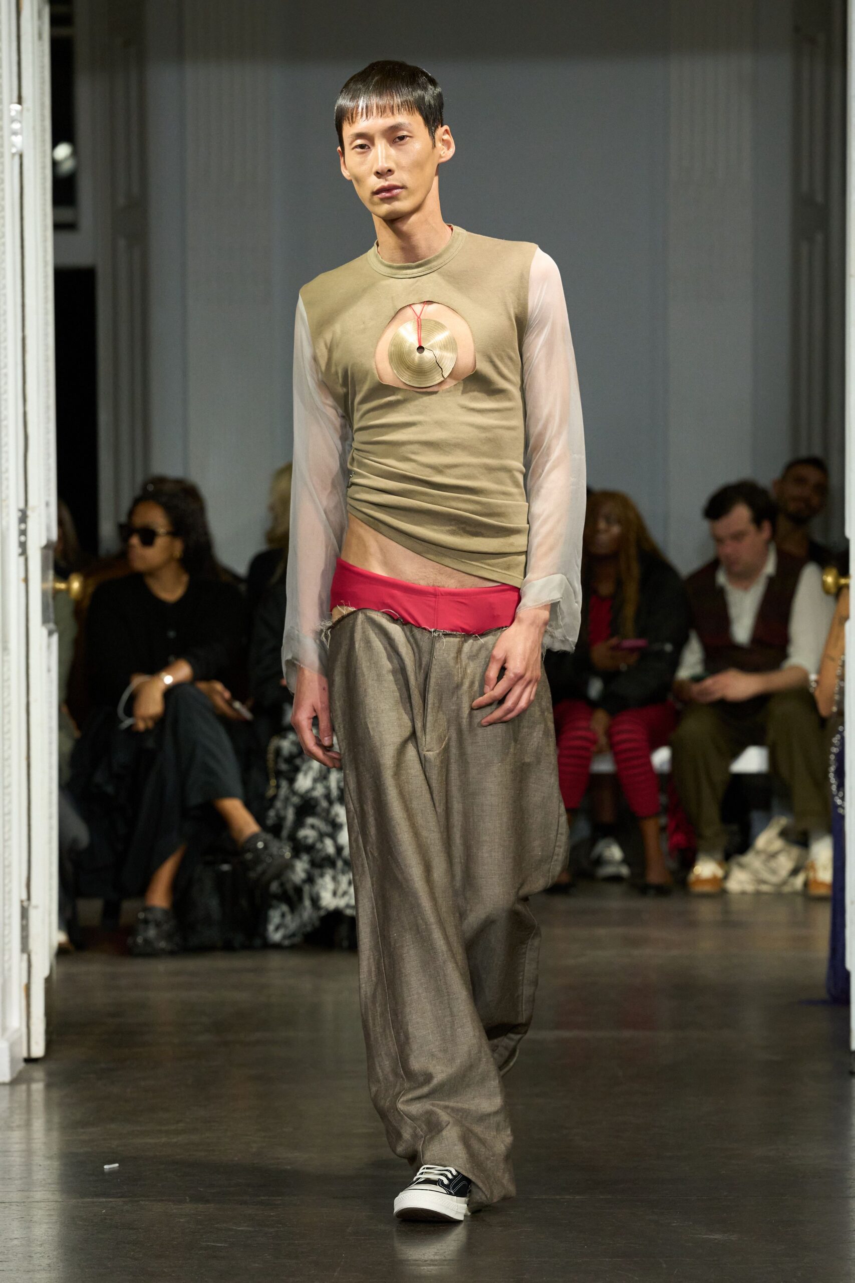 beige fitted top gray relaxed pants