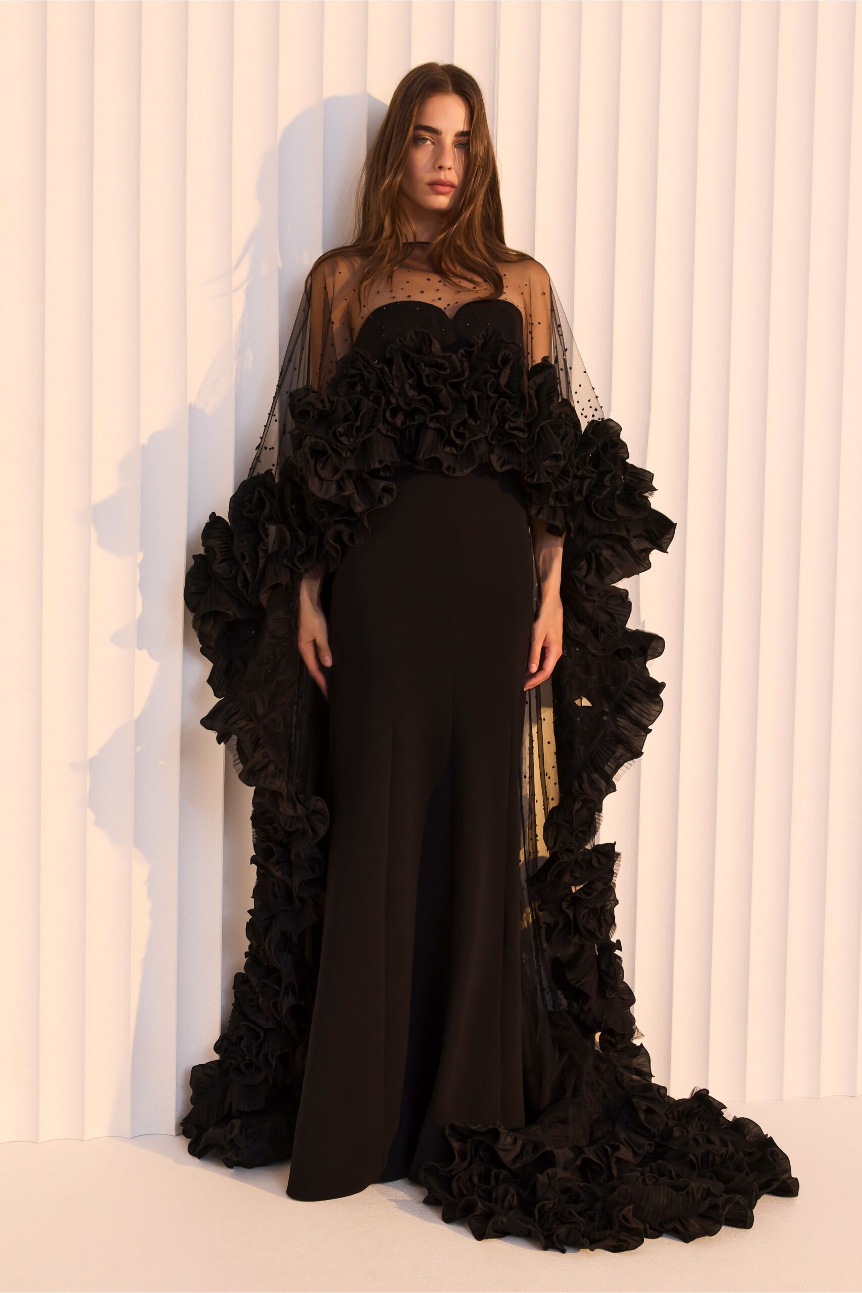 black ruffled off-shoulder gown