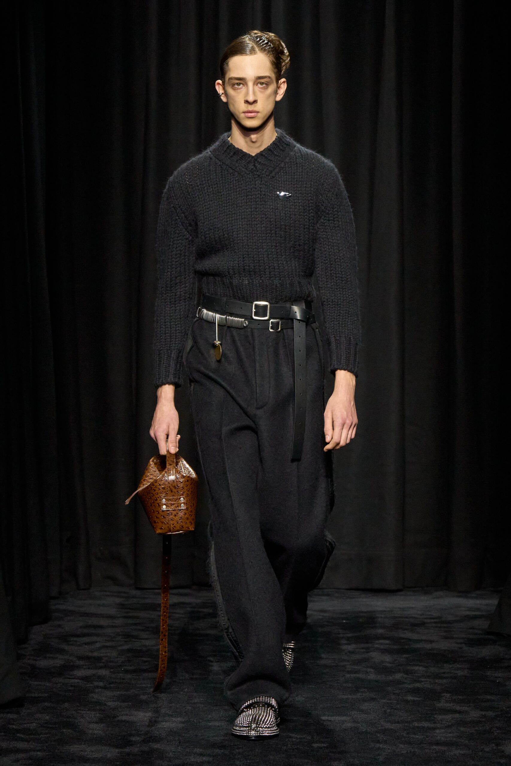 black wool fitted sweater with relaxed pants