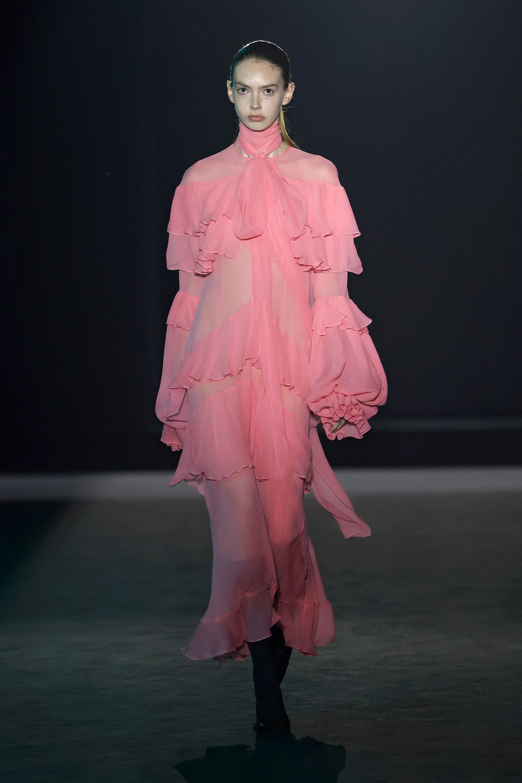 pink ruffled chiffon gown