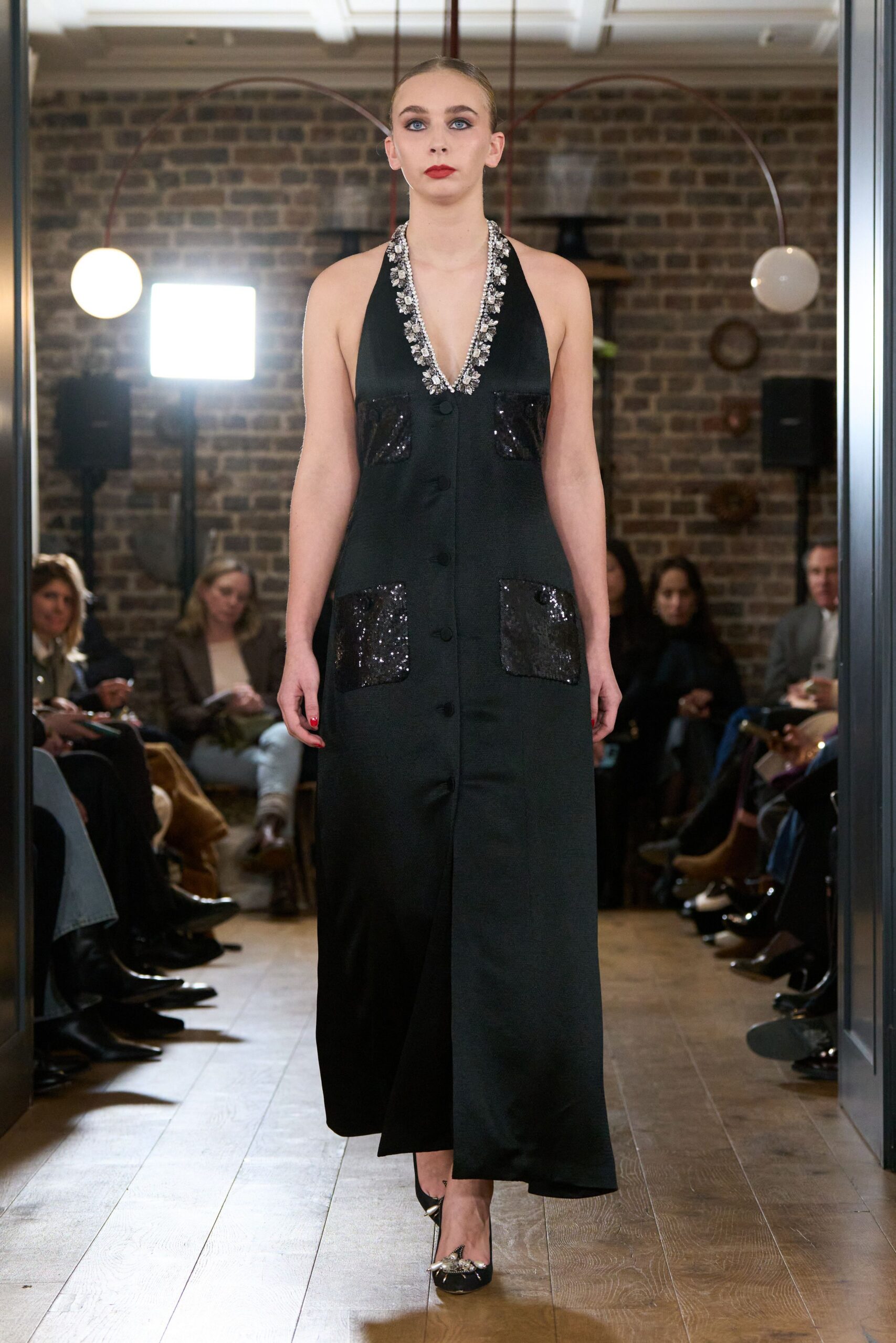 black silk sequin gown with heels