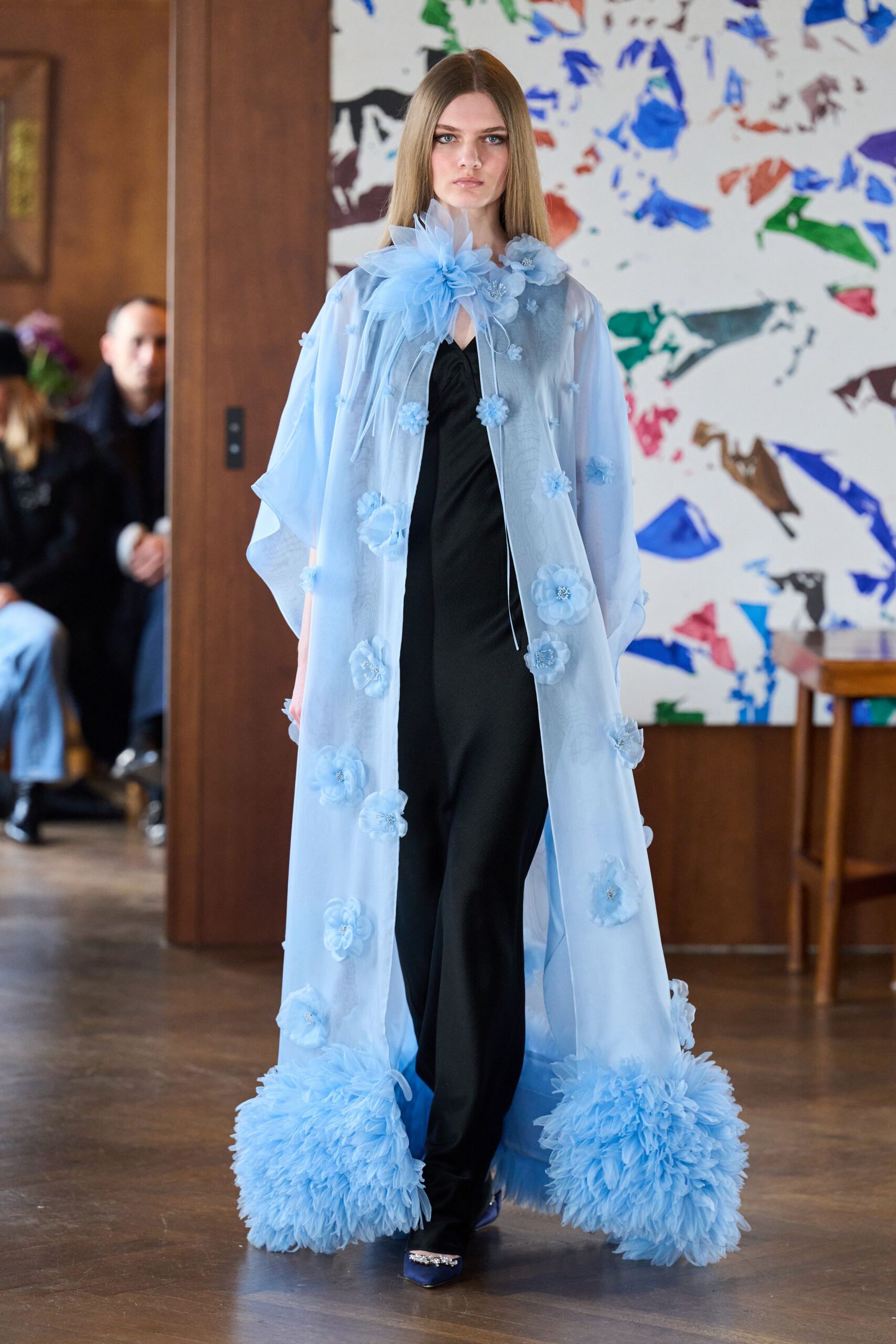 blue silk long-sleeve collared fitted layered embellished gown