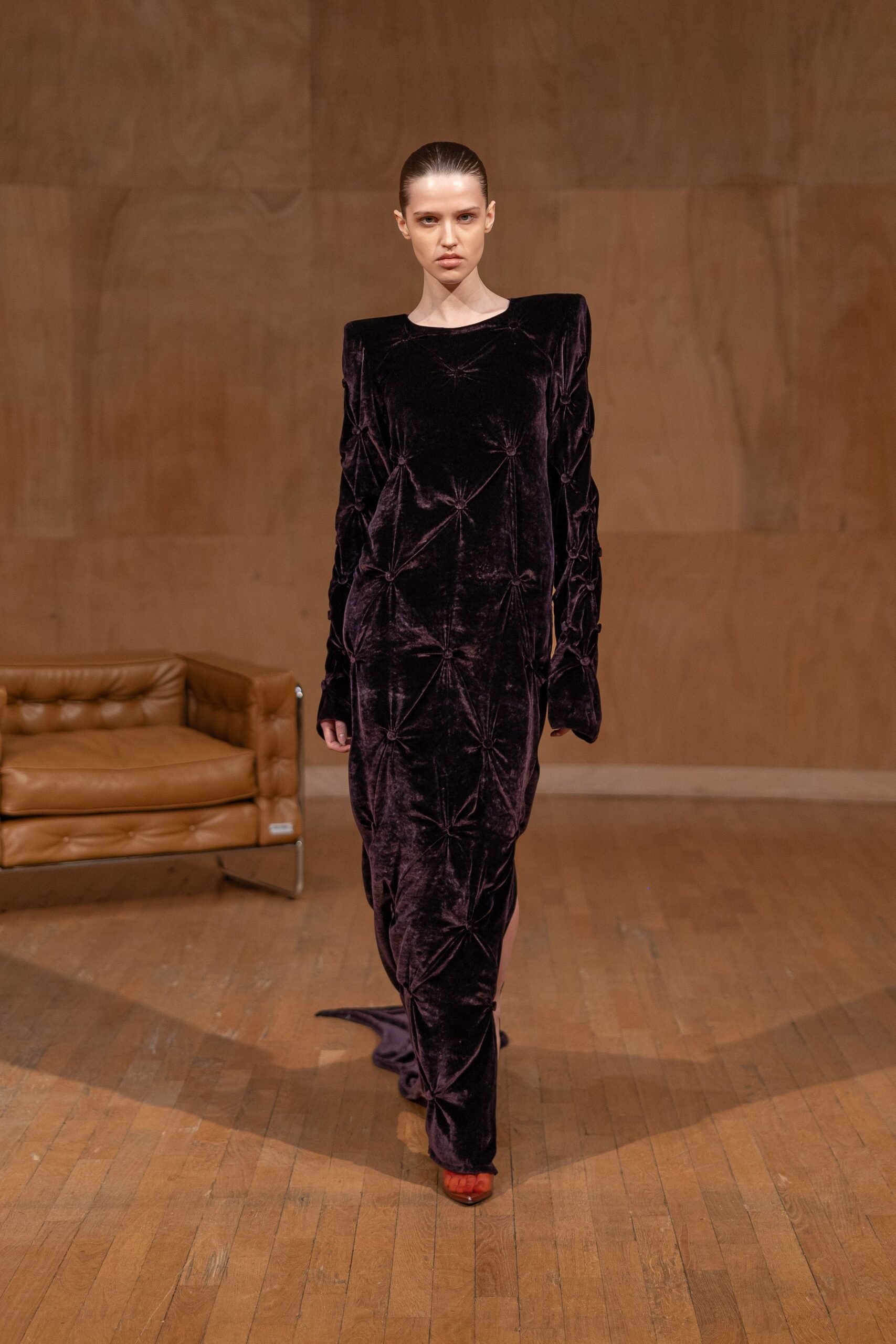 purple velvet long-sleeve high-neck fitted draped maxi gown