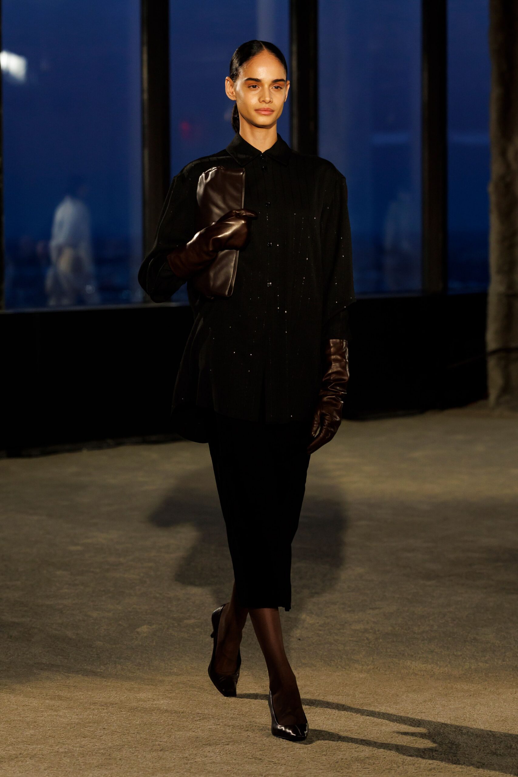 black silk long-sleeve collared relaxed buttoned midi shirt-dress