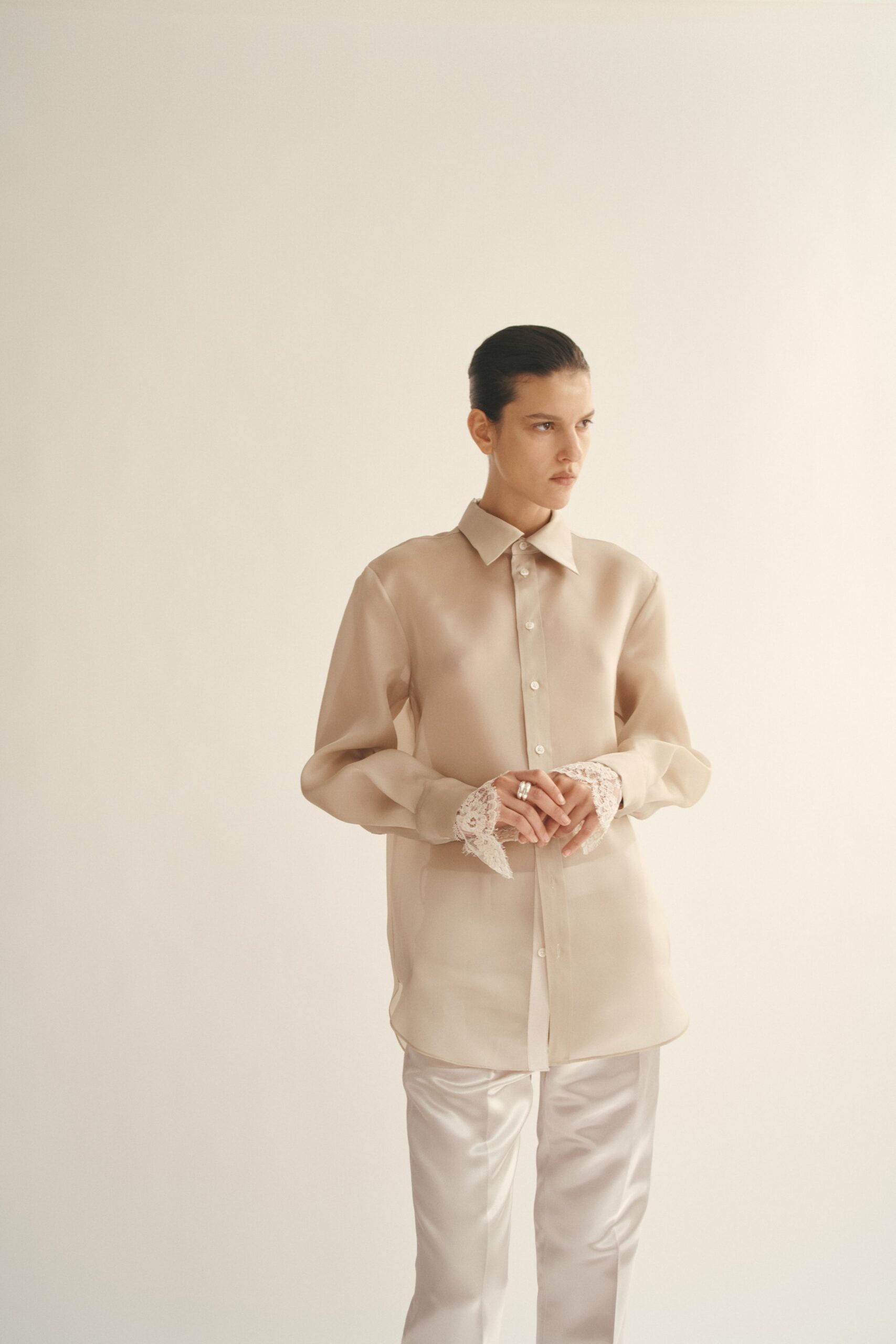 beige silk long-sleeve collared relaxed layered sheer shirt