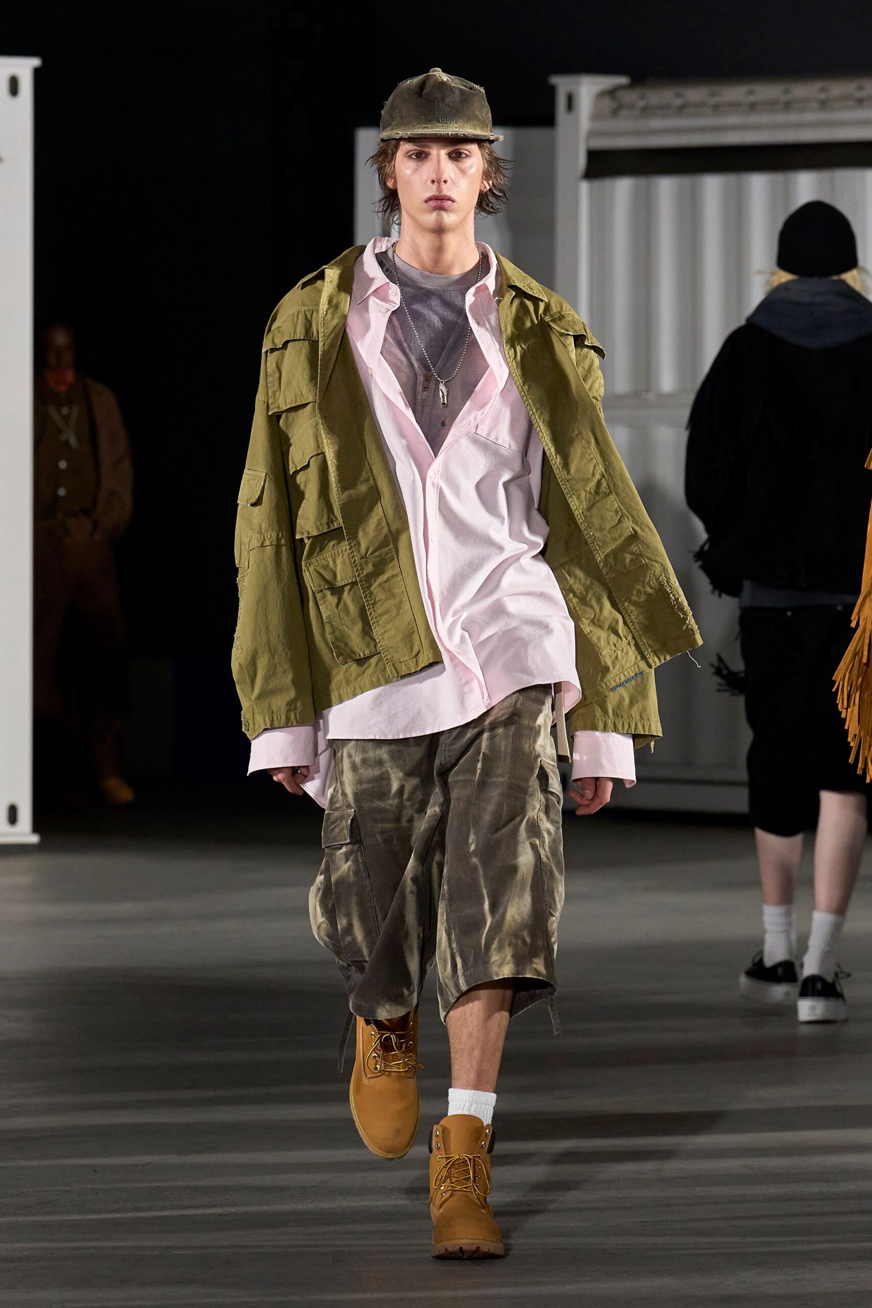 green relaxed jacket with pink shirt