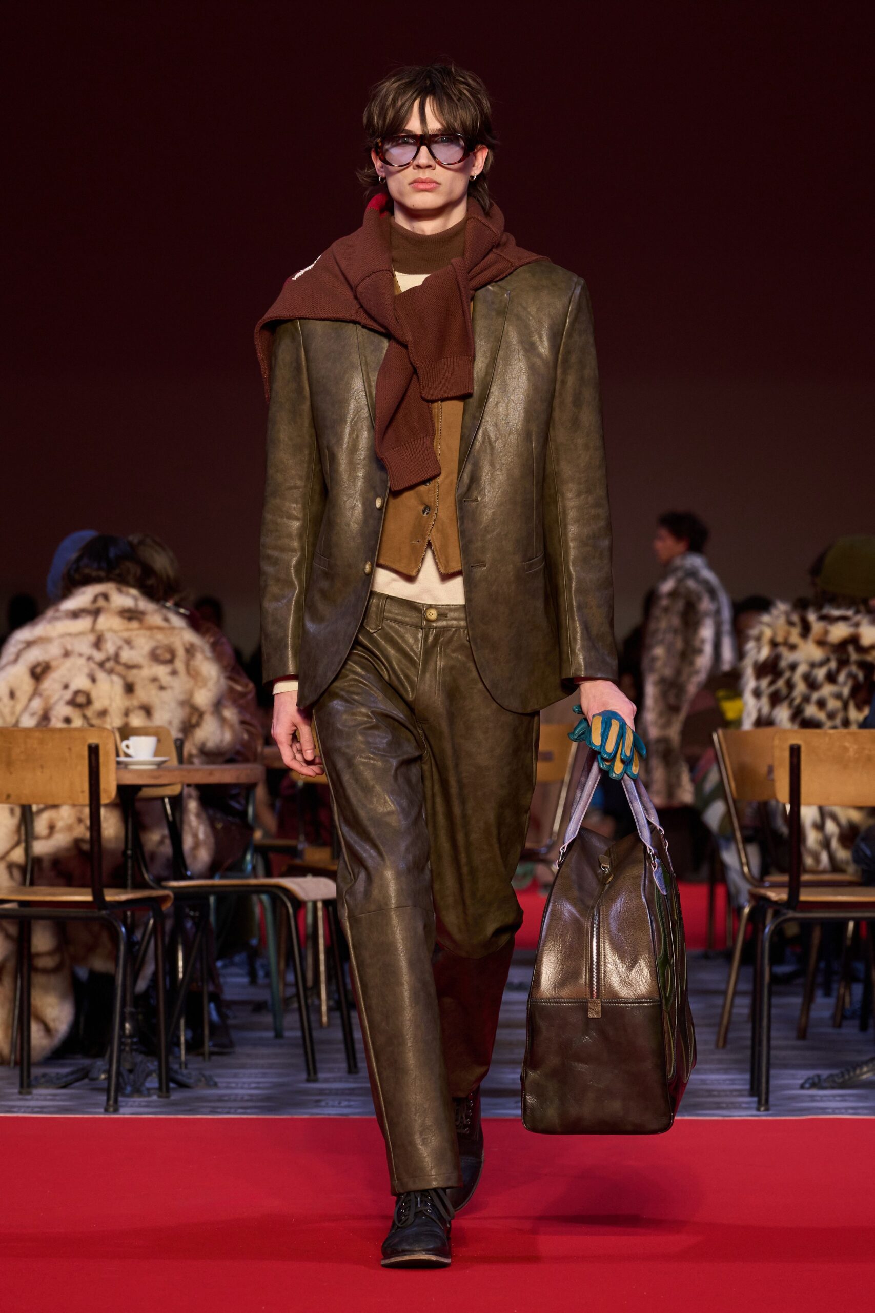 brown leather fitted suit