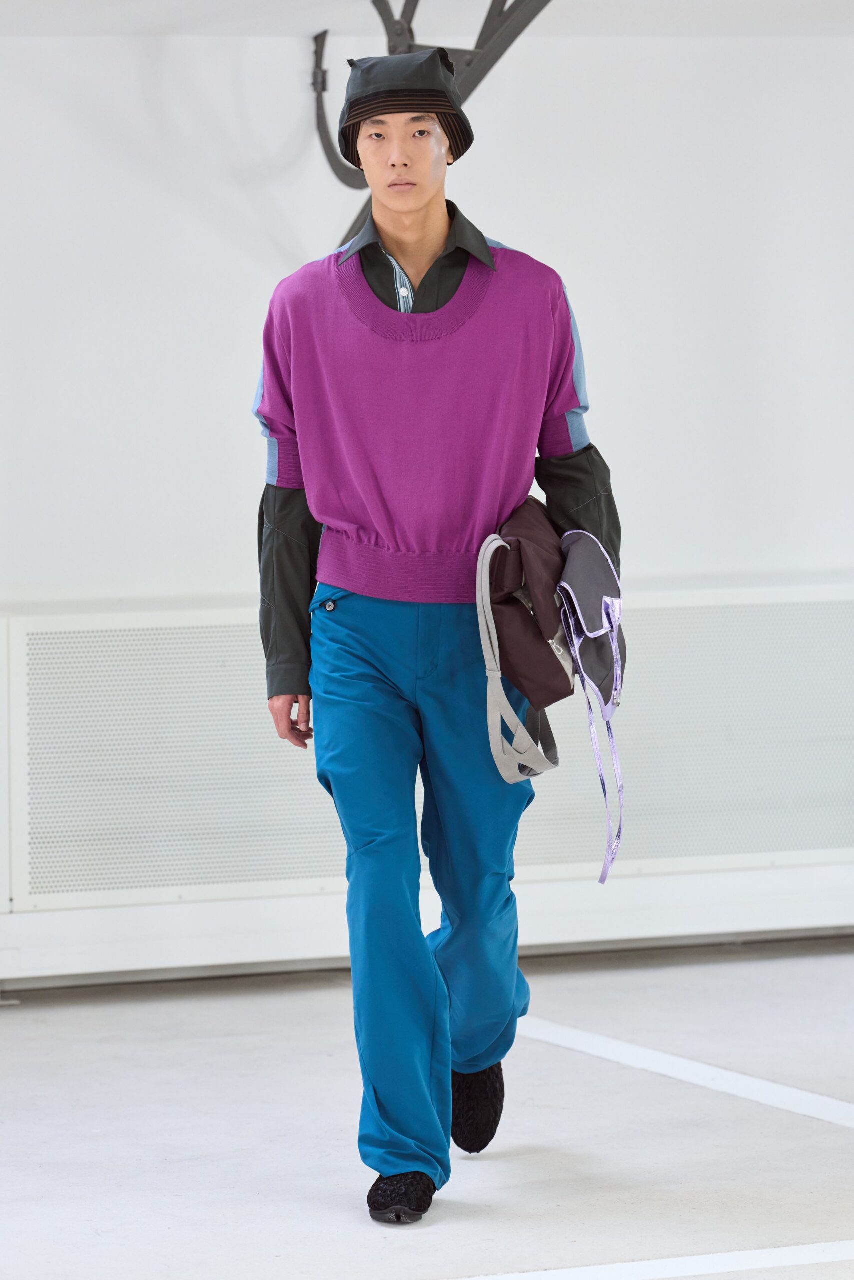 purple cotton long-sleeve collared relaxed top