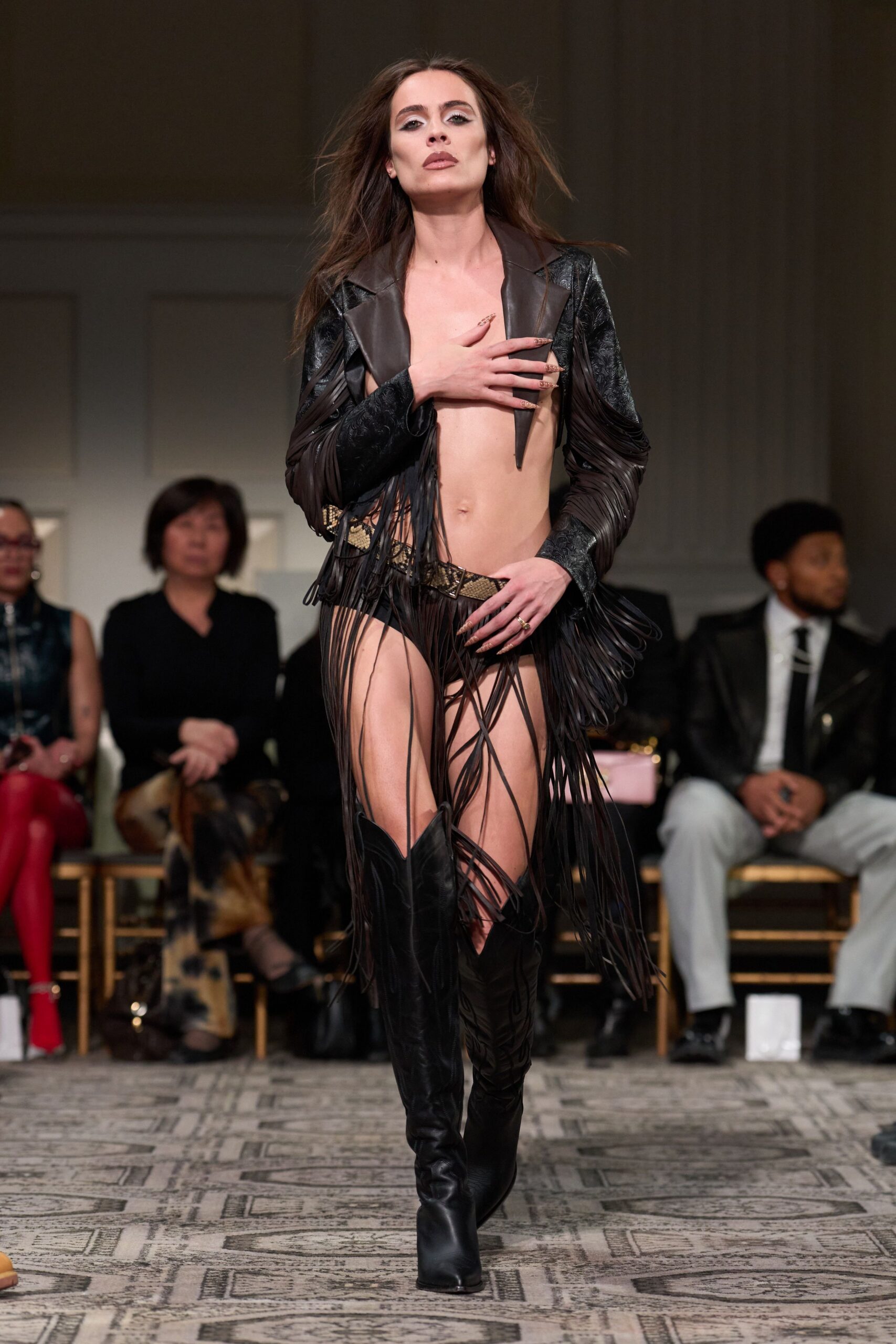 black leather fringed top and pants