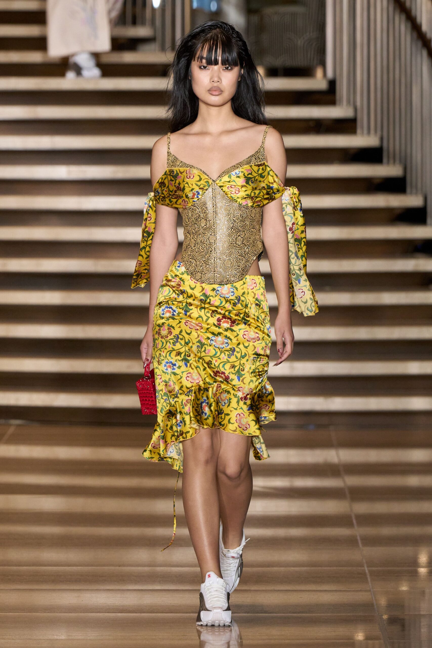 yellow silk sleeveless off-shoulder fitted ruffled flared dress