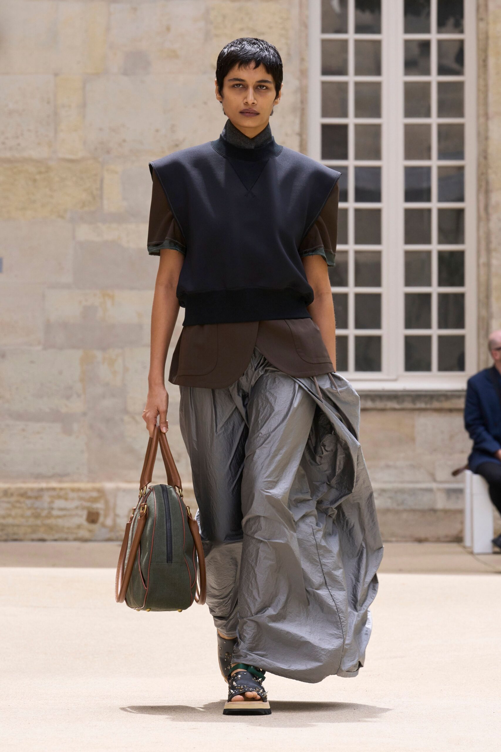 gray silk asymmetric fitted draped flowing midi skirt