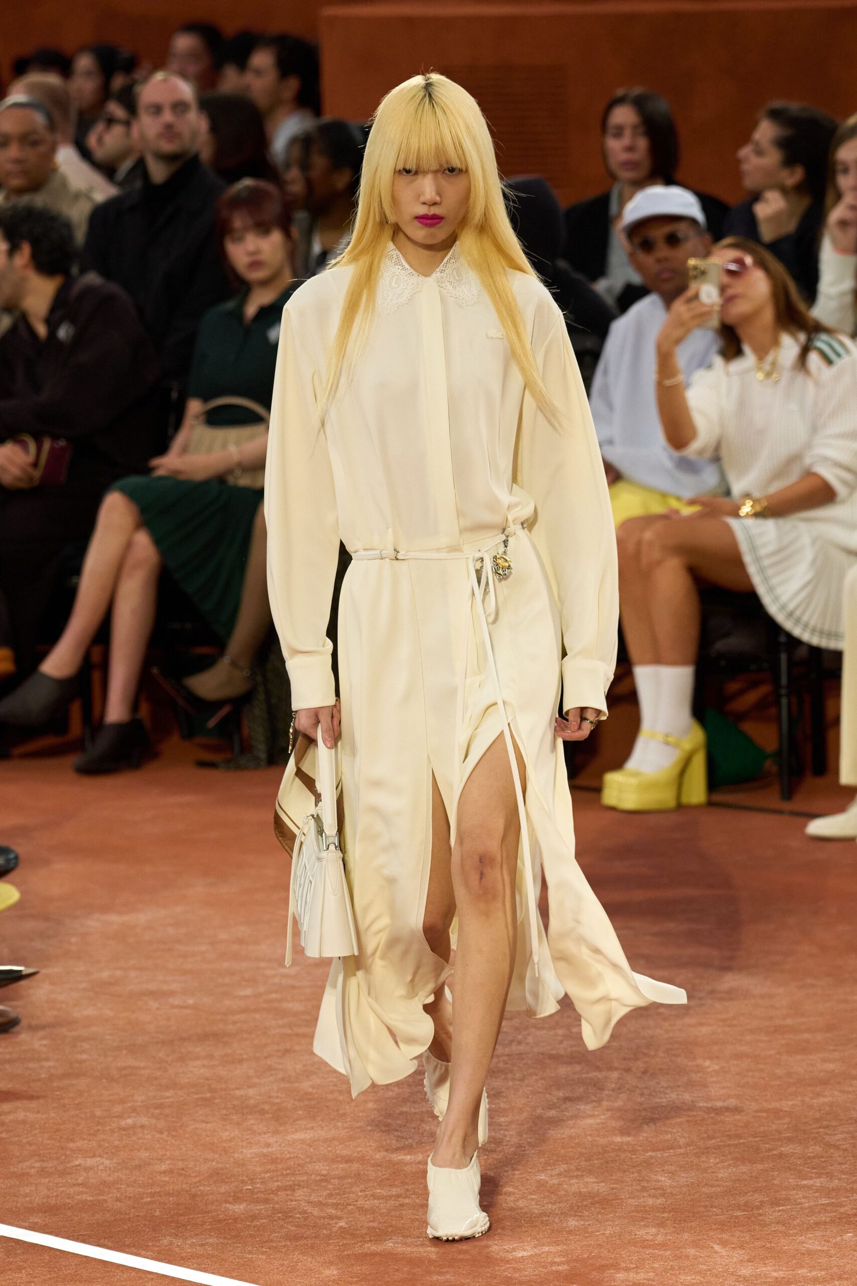 white silk long-sleeve collared fitted buttoned belted dress