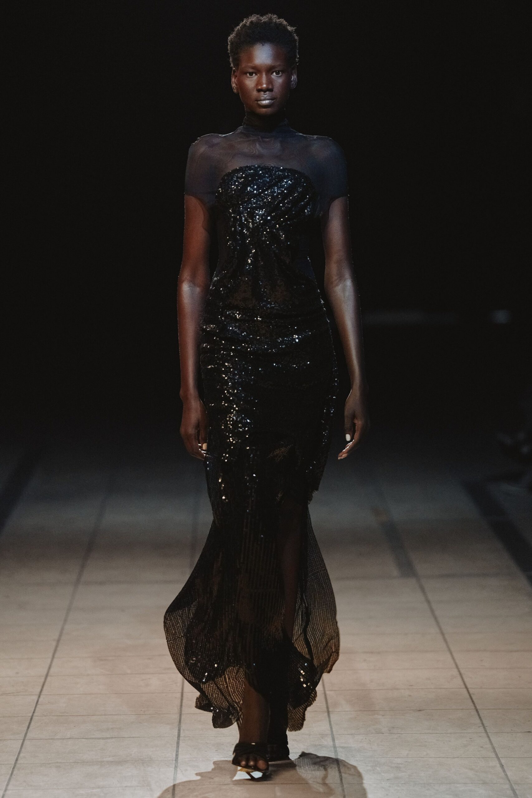 black sequin gown with heels