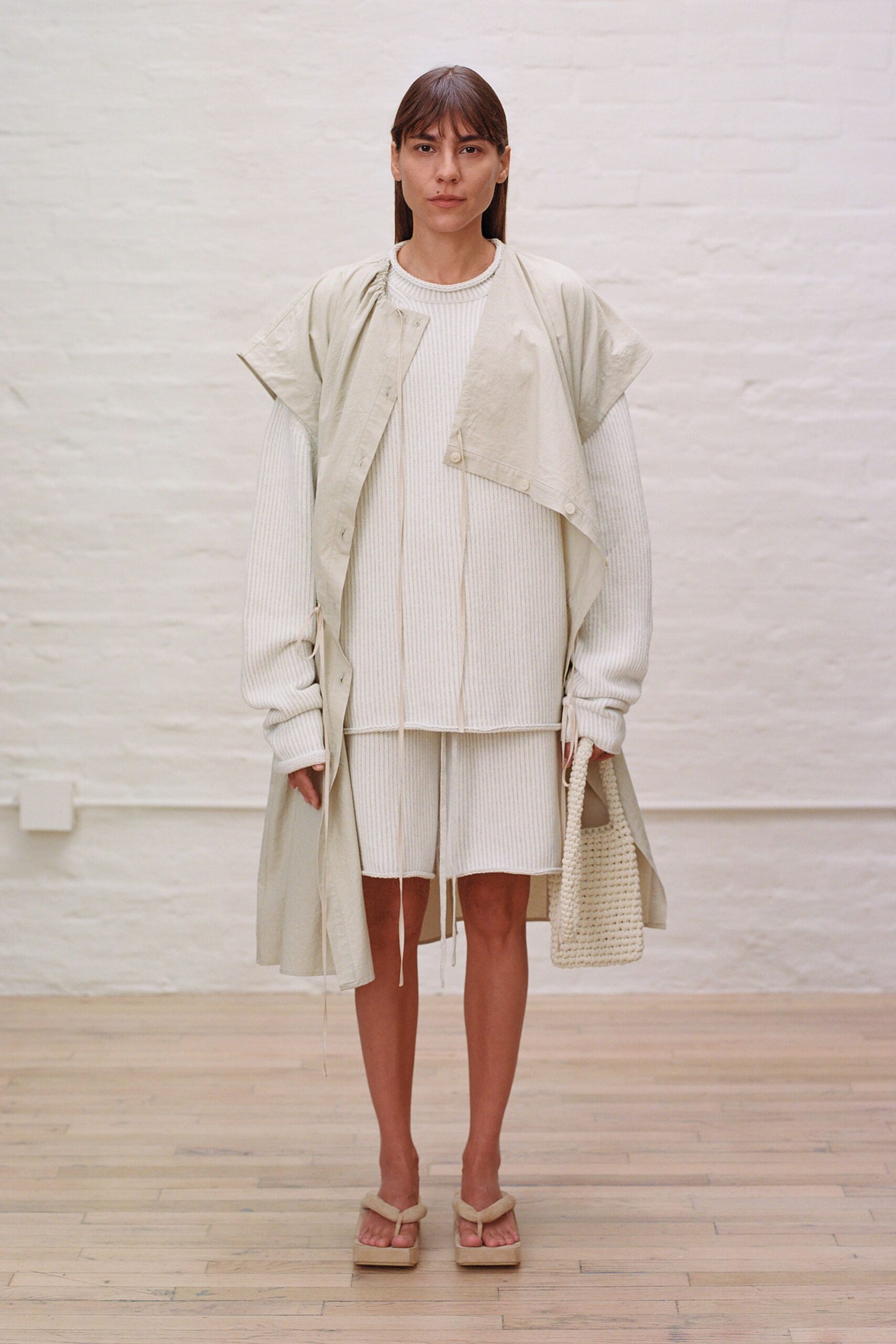 beige cotton long-sleeve collared oversized layered coat