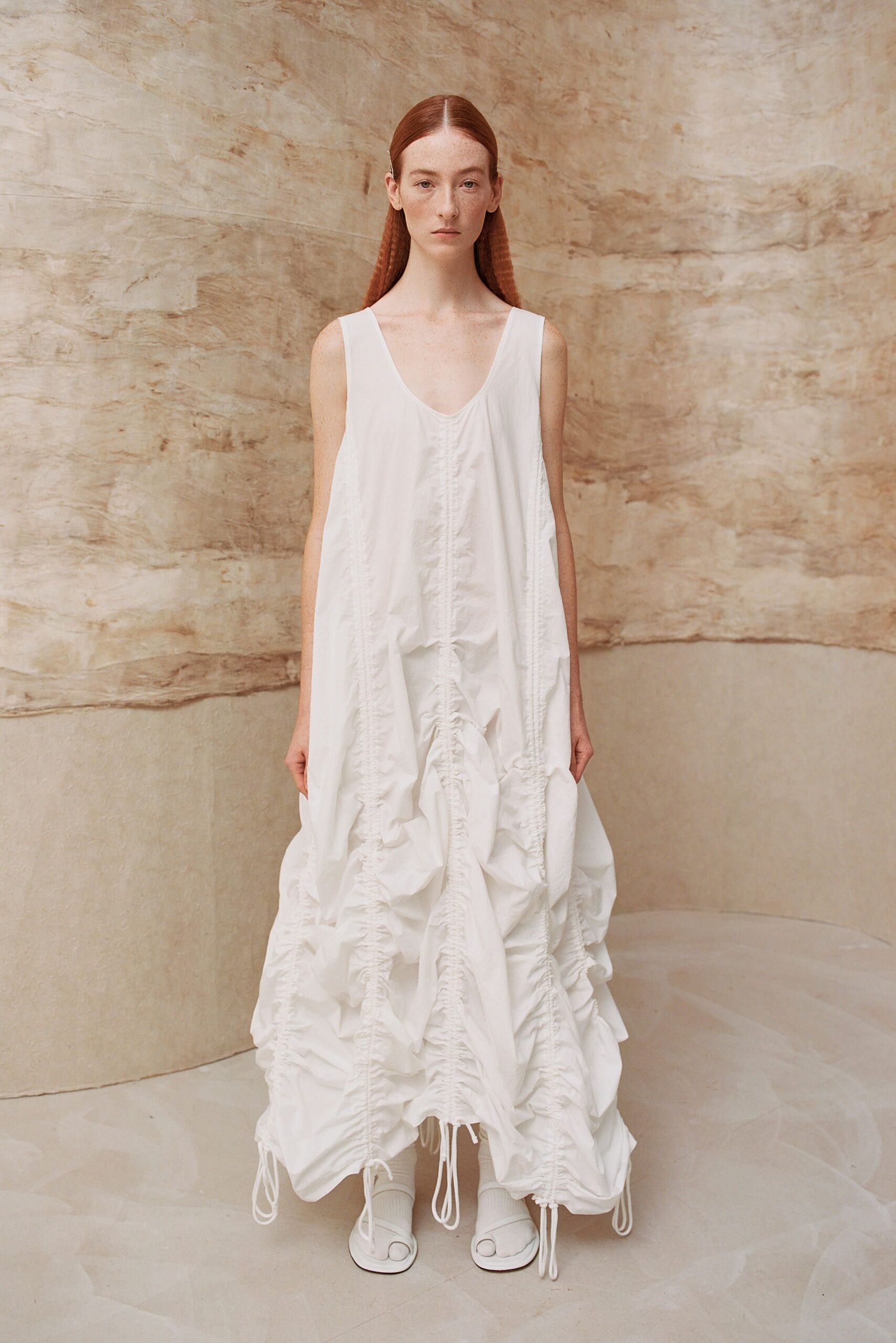white relaxed maxi dress with shoes
