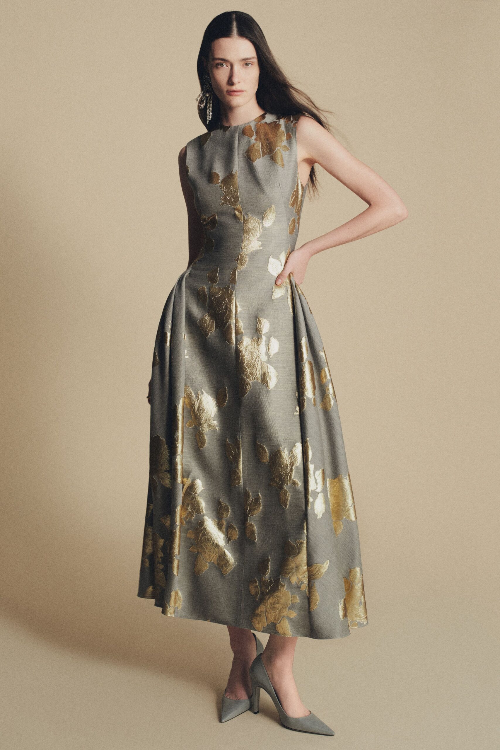 gray silk sleeveless high-neck fitted pleated embroidered dress