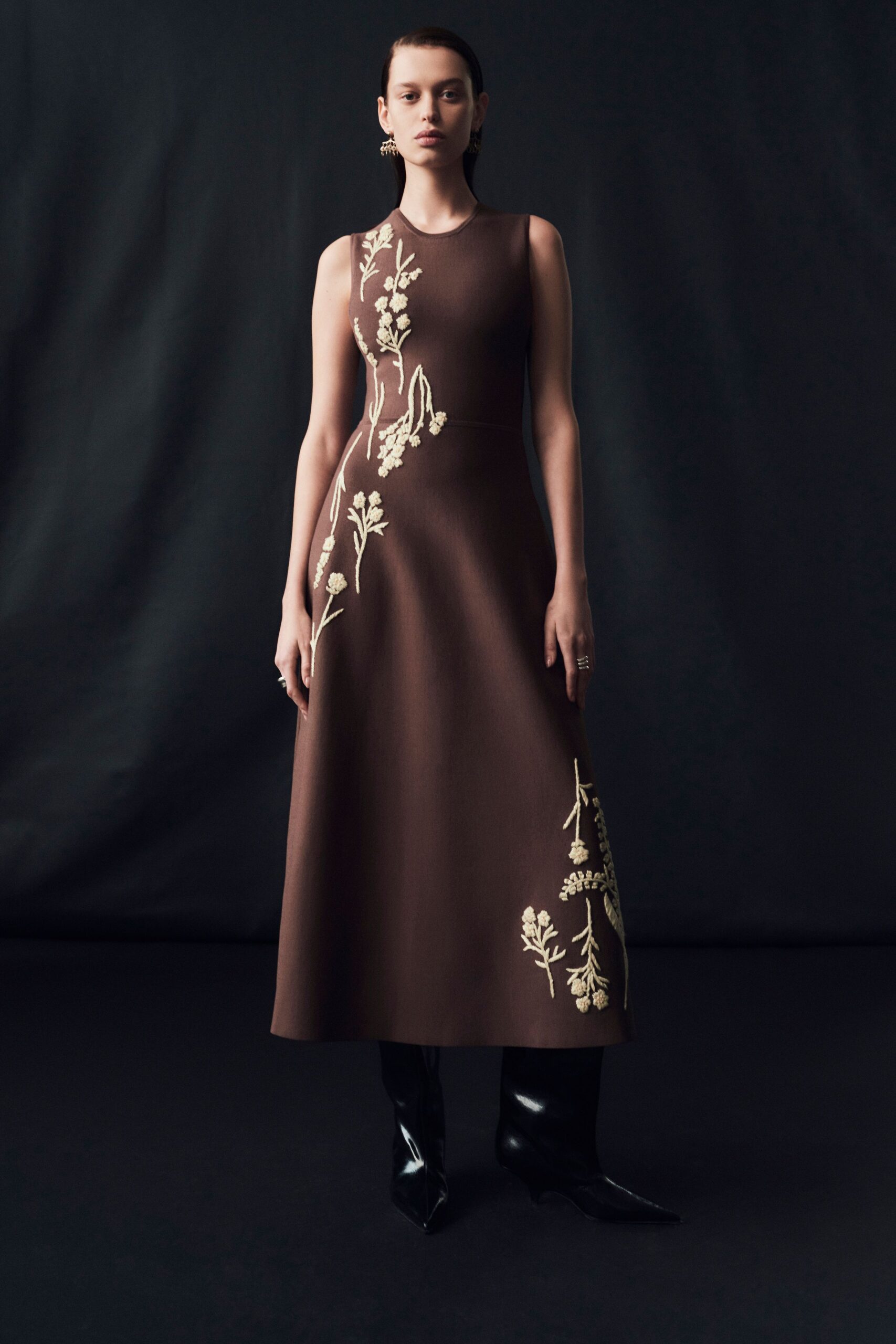 brown wool sleeveless high-neck fitted embroidered a-line dress