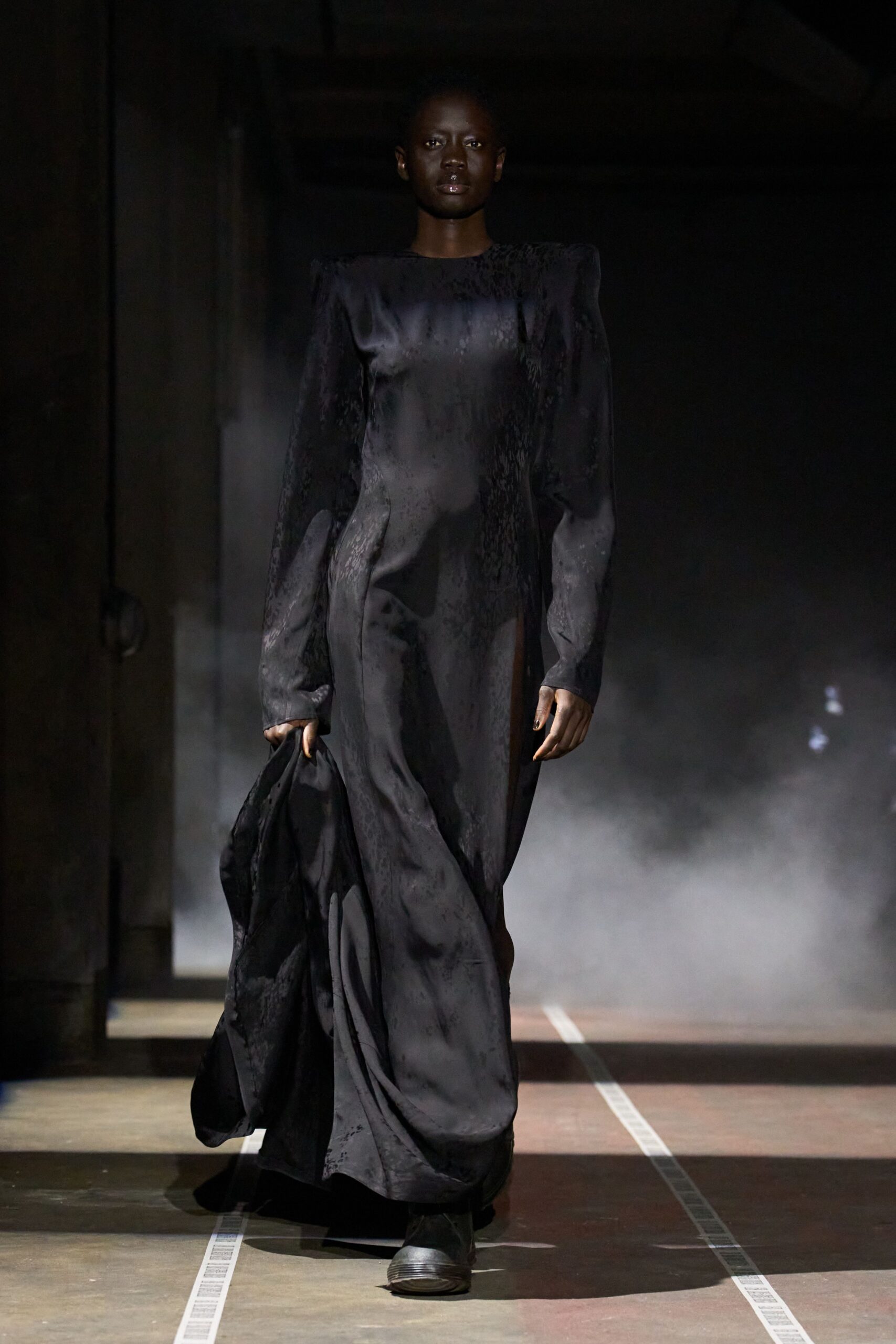 black silk long-sleeve gown with boots