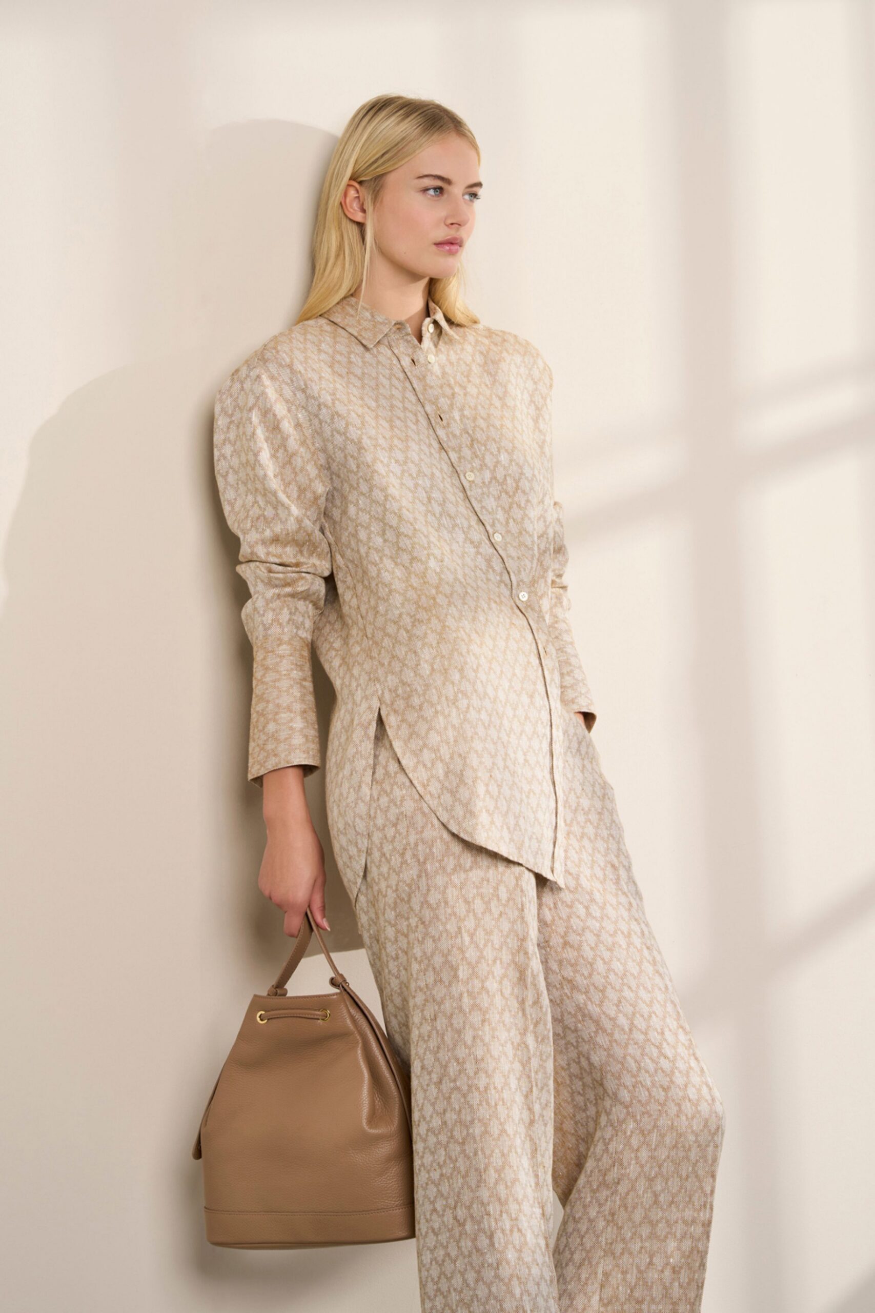 beige cotton long-sleeve collared relaxed buttoned printed shirt