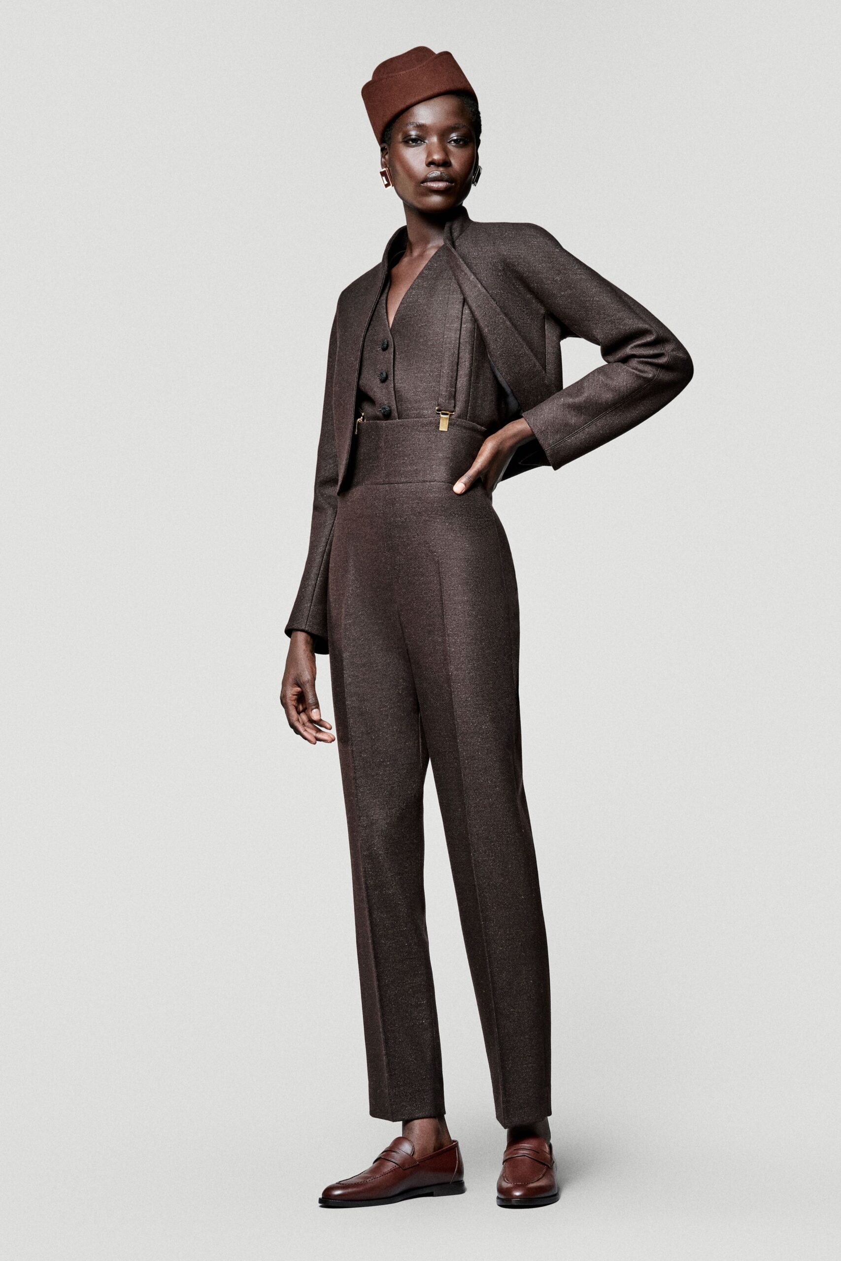 brown wool long-sleeve collared structured buttoned jacket