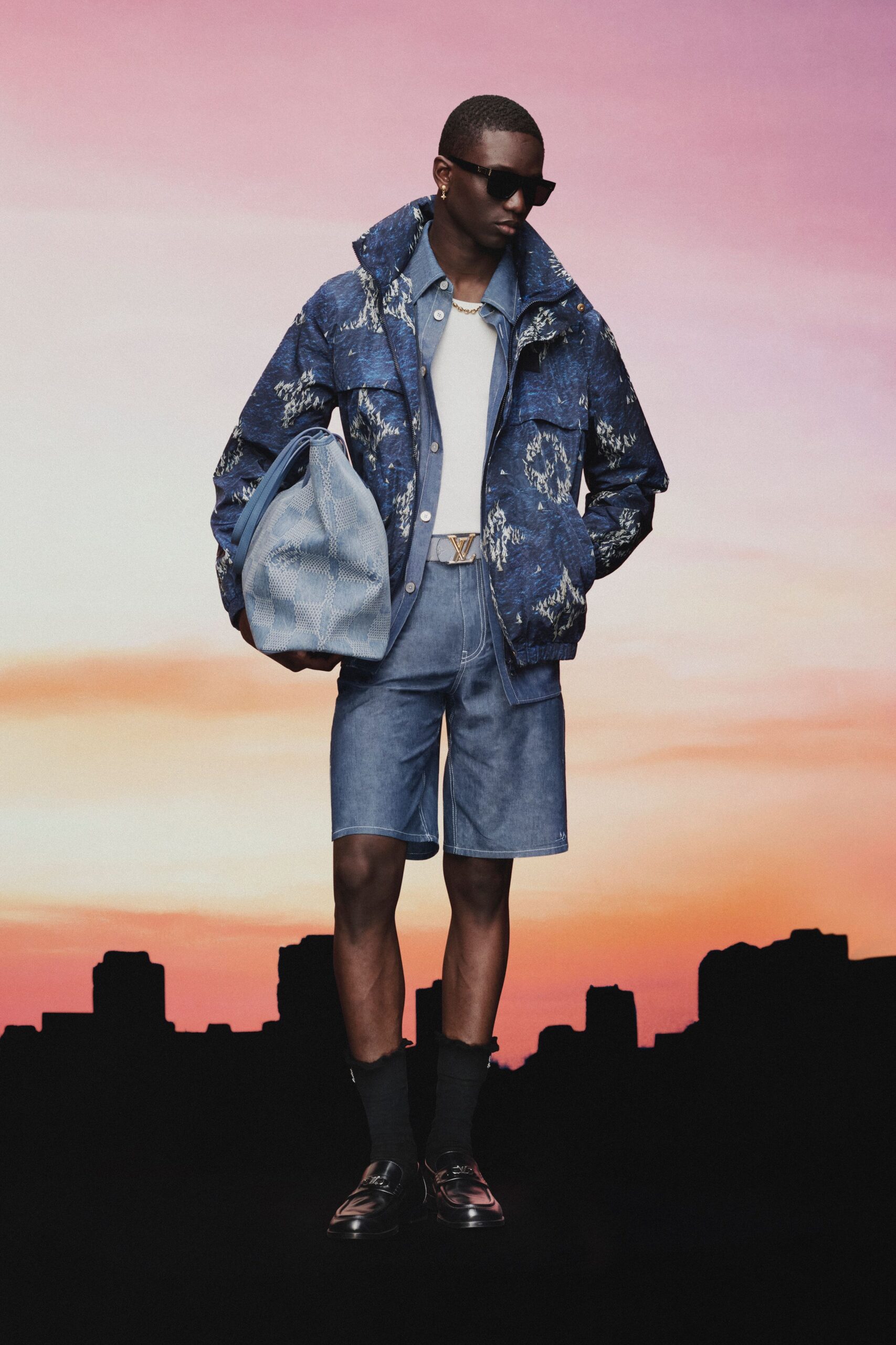 blue denim oversized jacket with shorts