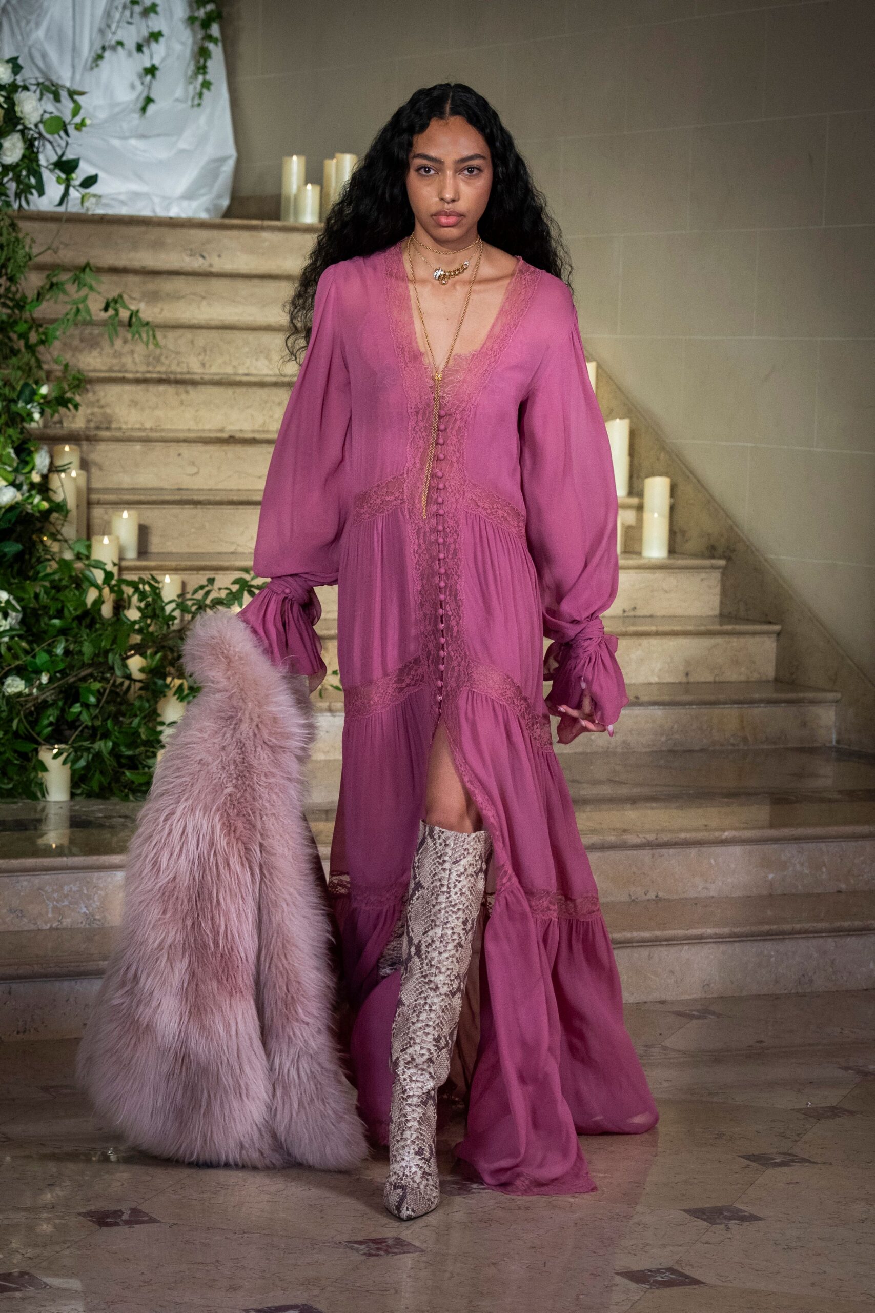 pink silk long-sleeve v-neck fitted pleated draped dress