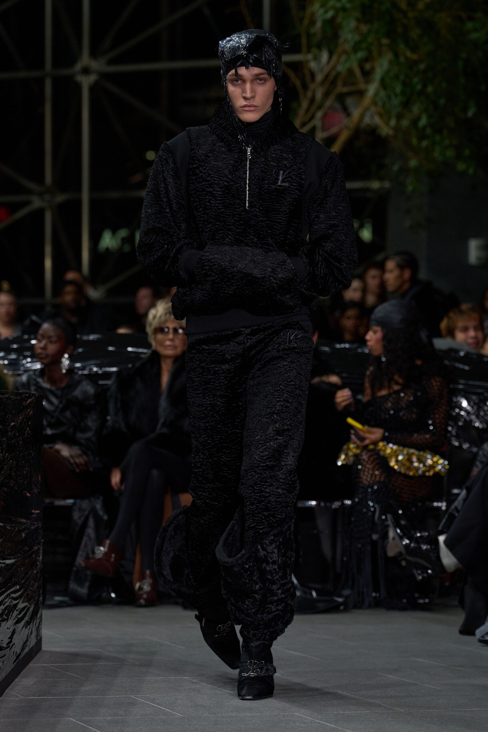 black faux-fur hoodie and pants