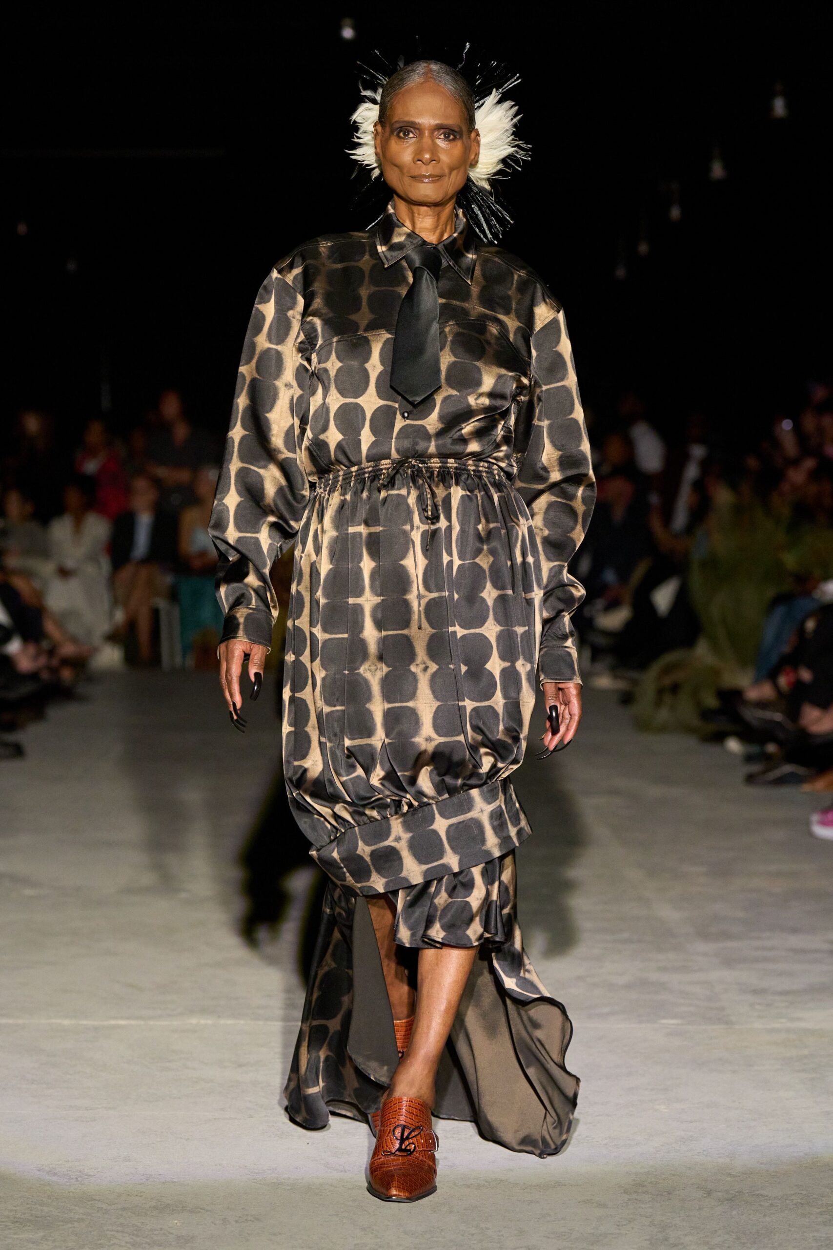 black silk long-sleeve collared relaxed polka-dot tiered dress