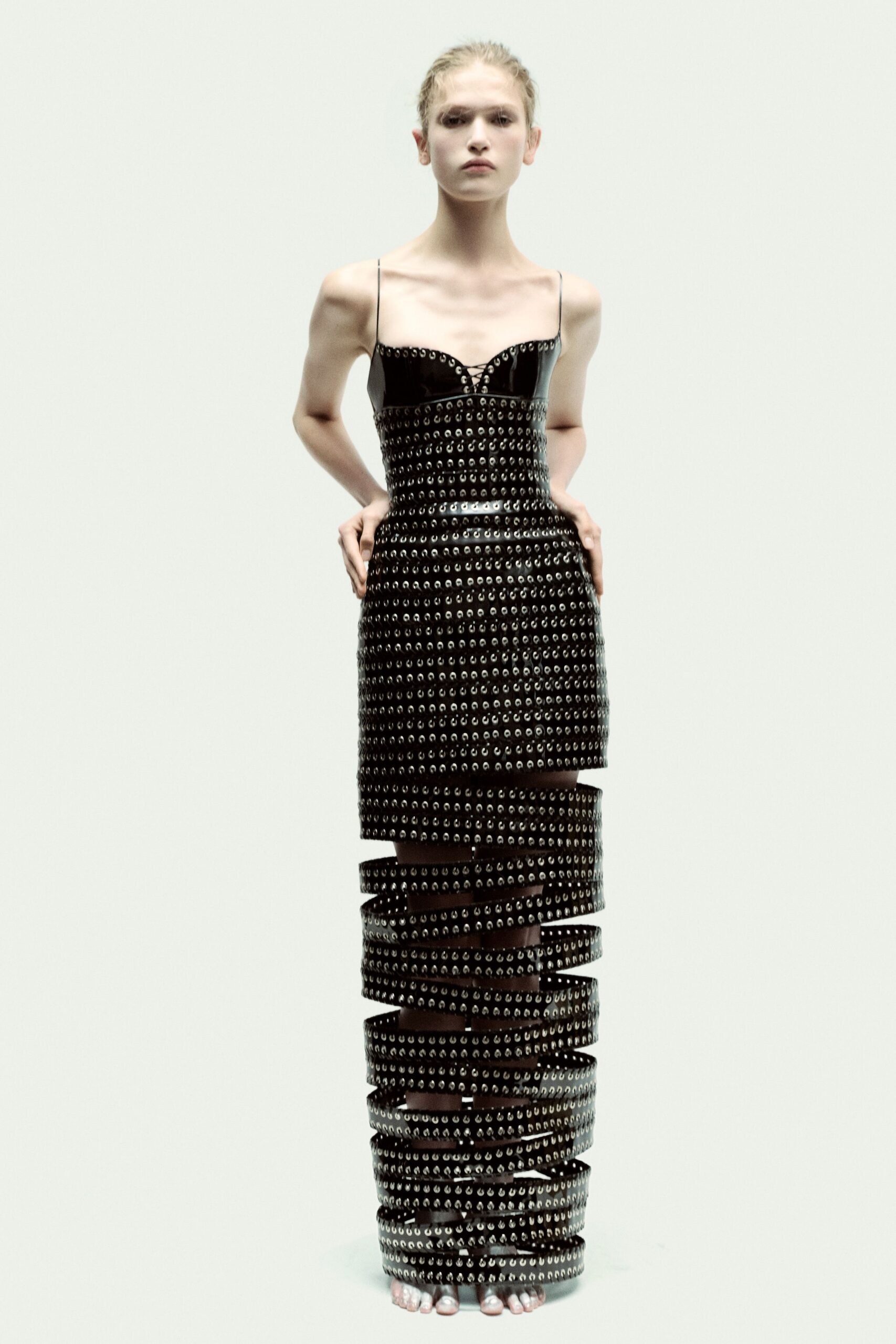 black vinyl sleeveless dress