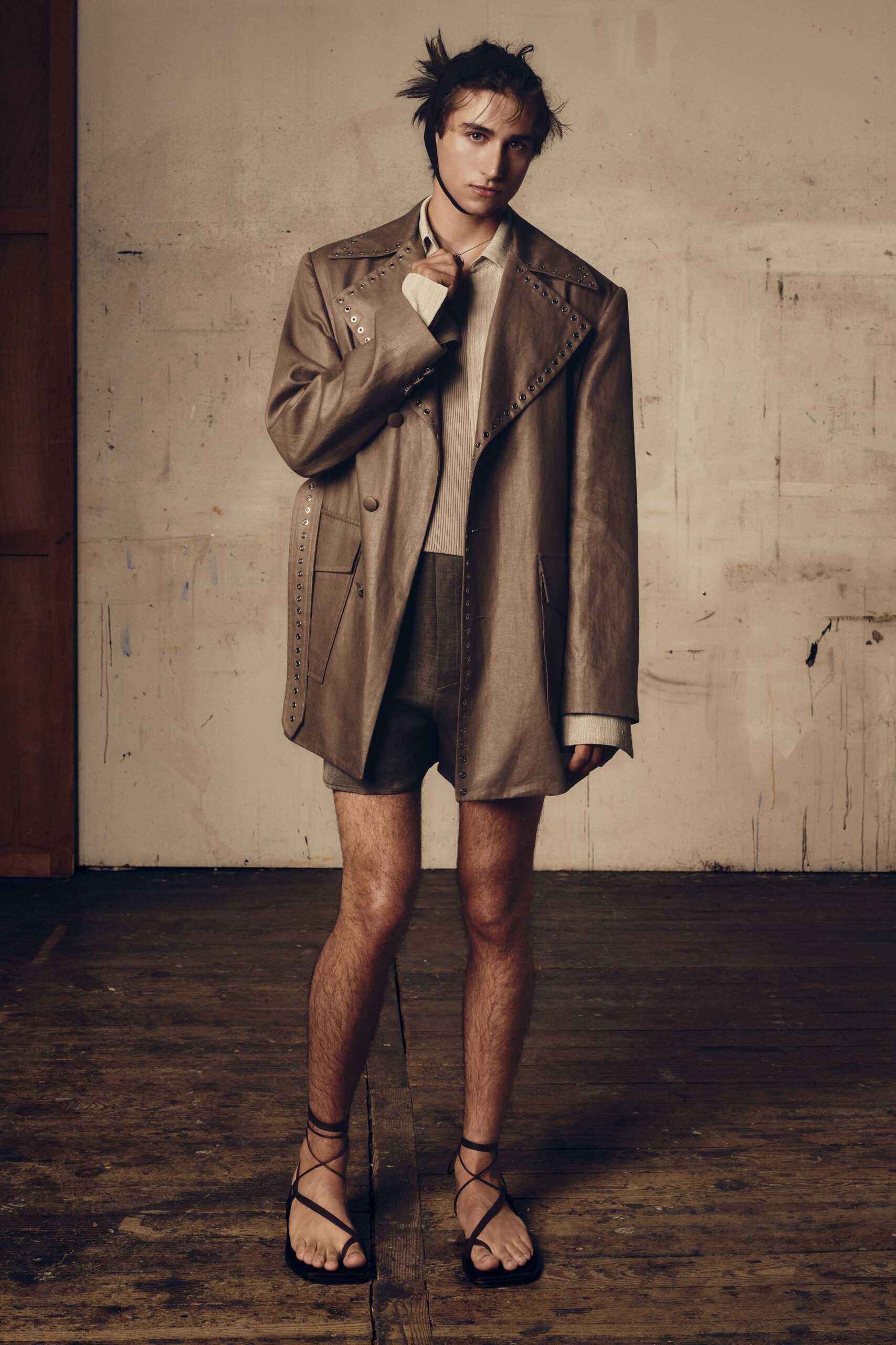 brown leather long-sleeve collared oversized buttoned embroidered jacket
