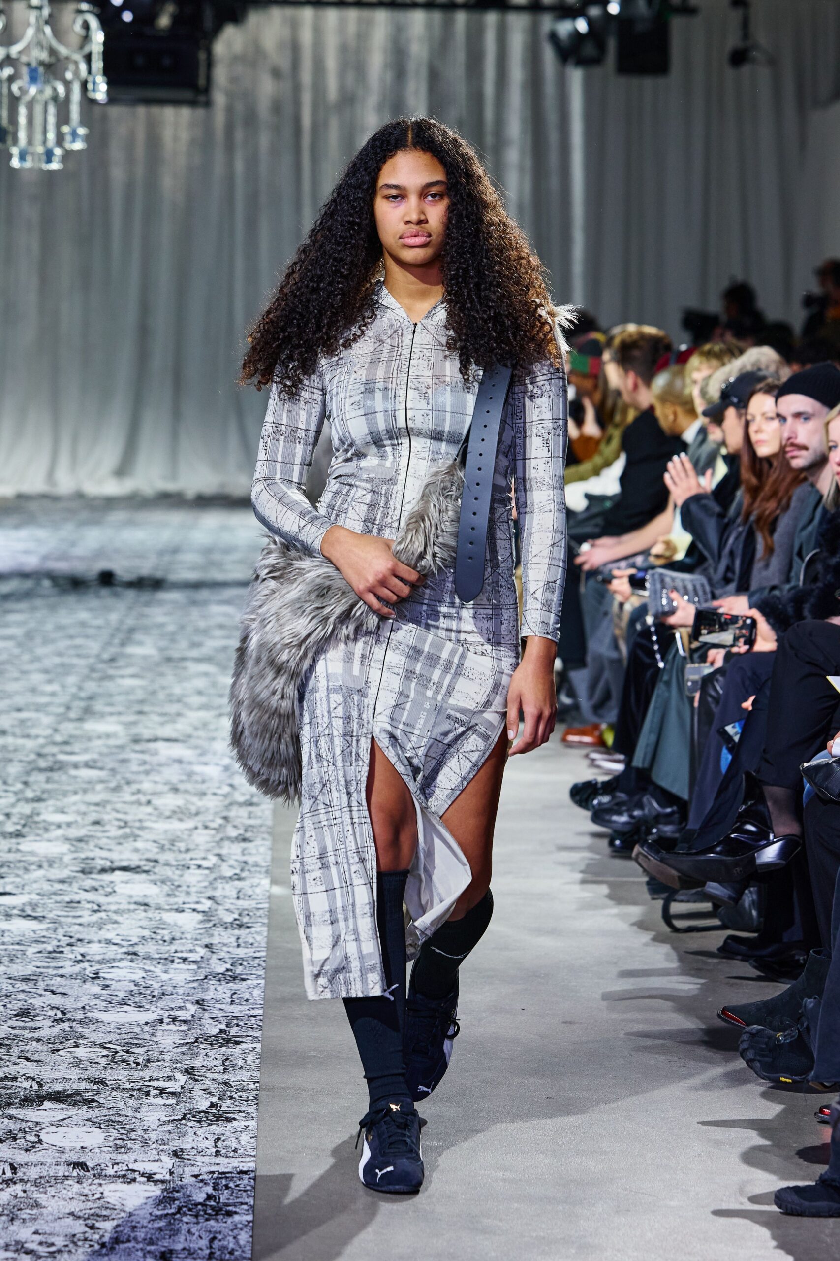 gray silk long-sleeve v-neck fitted printed draped dress