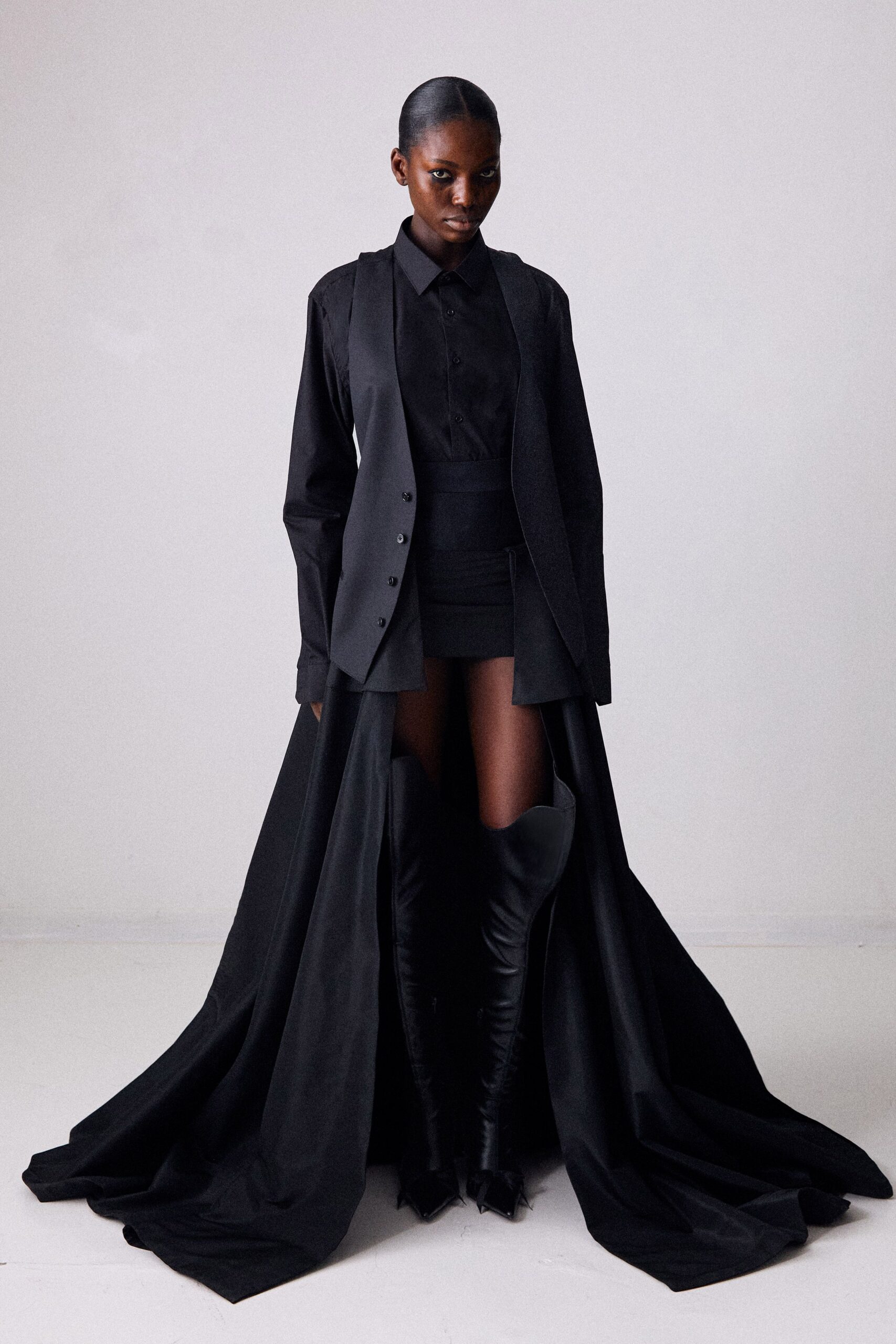 black cotton long-sleeve fitted layered maxi gown