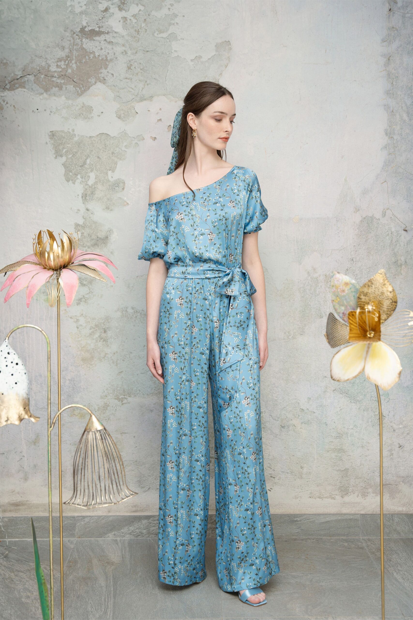 blue silk short-sleeve off-shoulder relaxed flared jumpsuit