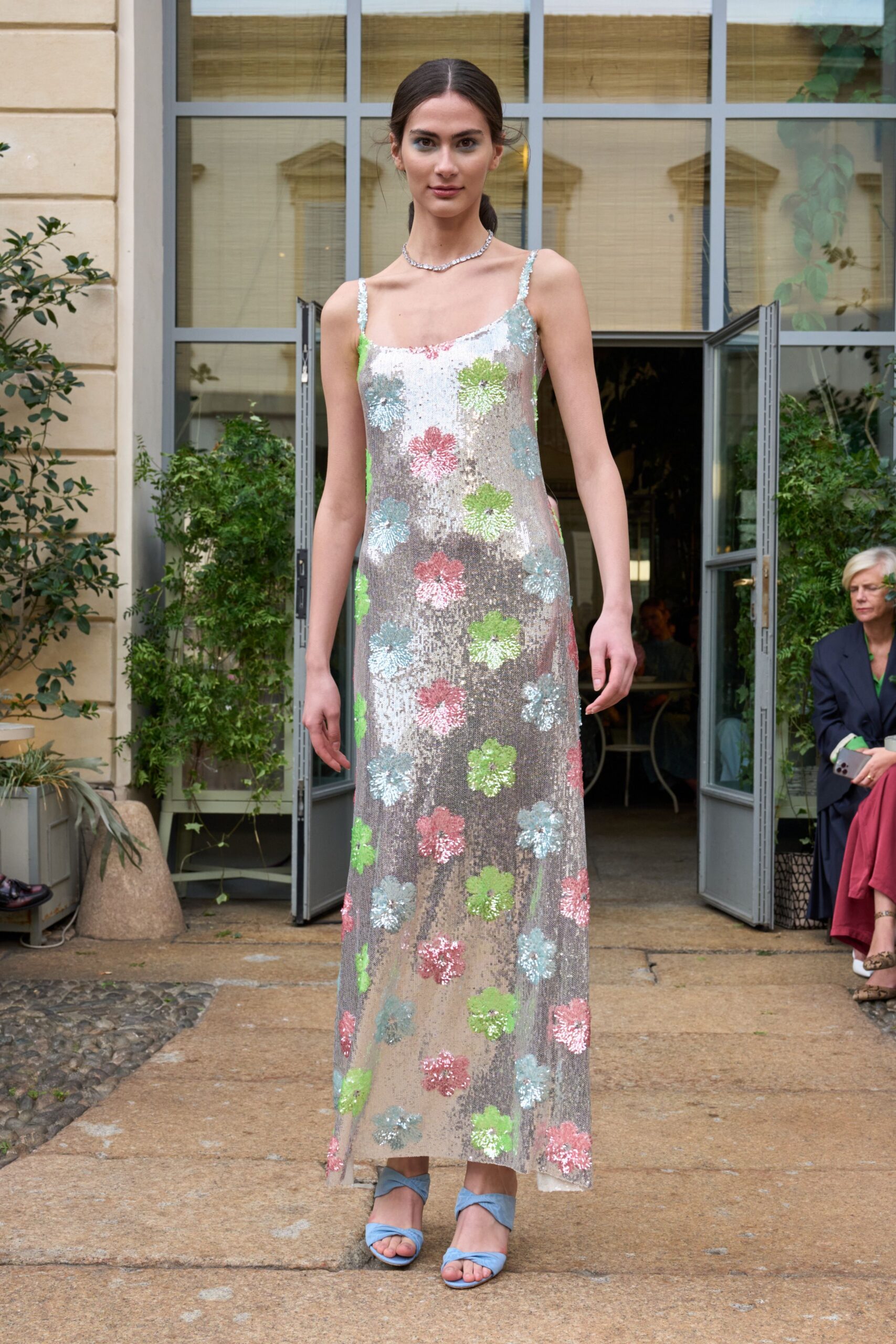 sheer floral sequin maxi dress