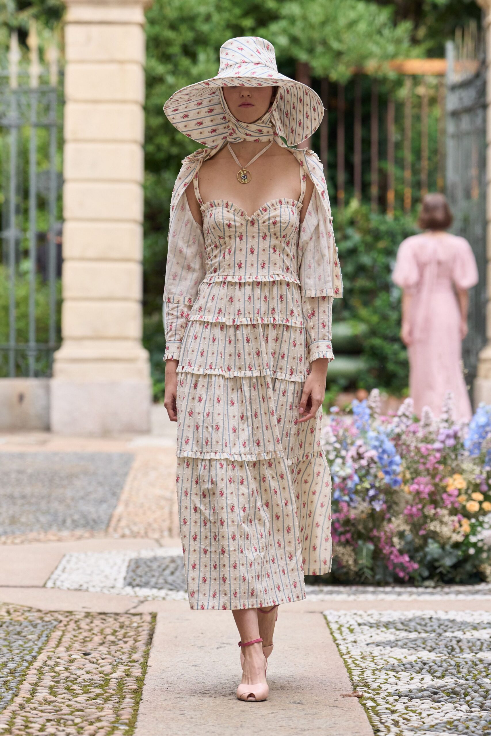 white cotton long-sleeve strapless fitted floral tiered gown