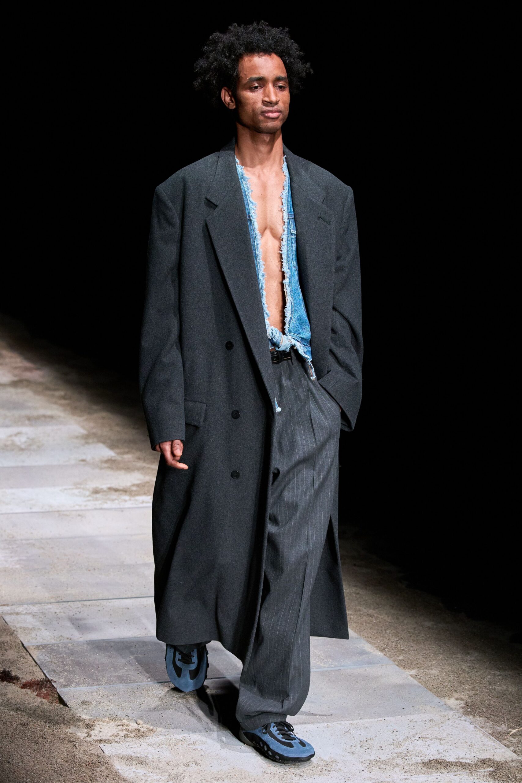 gray wool coat with denim shirt
