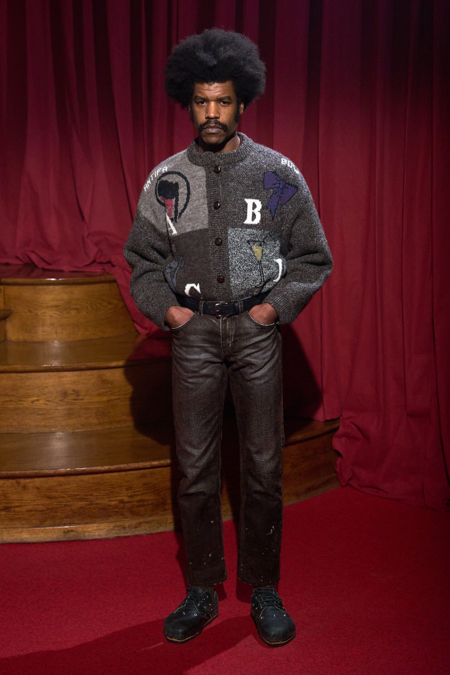 gray wool long-sleeve collared relaxed buttoned patchwork jacket