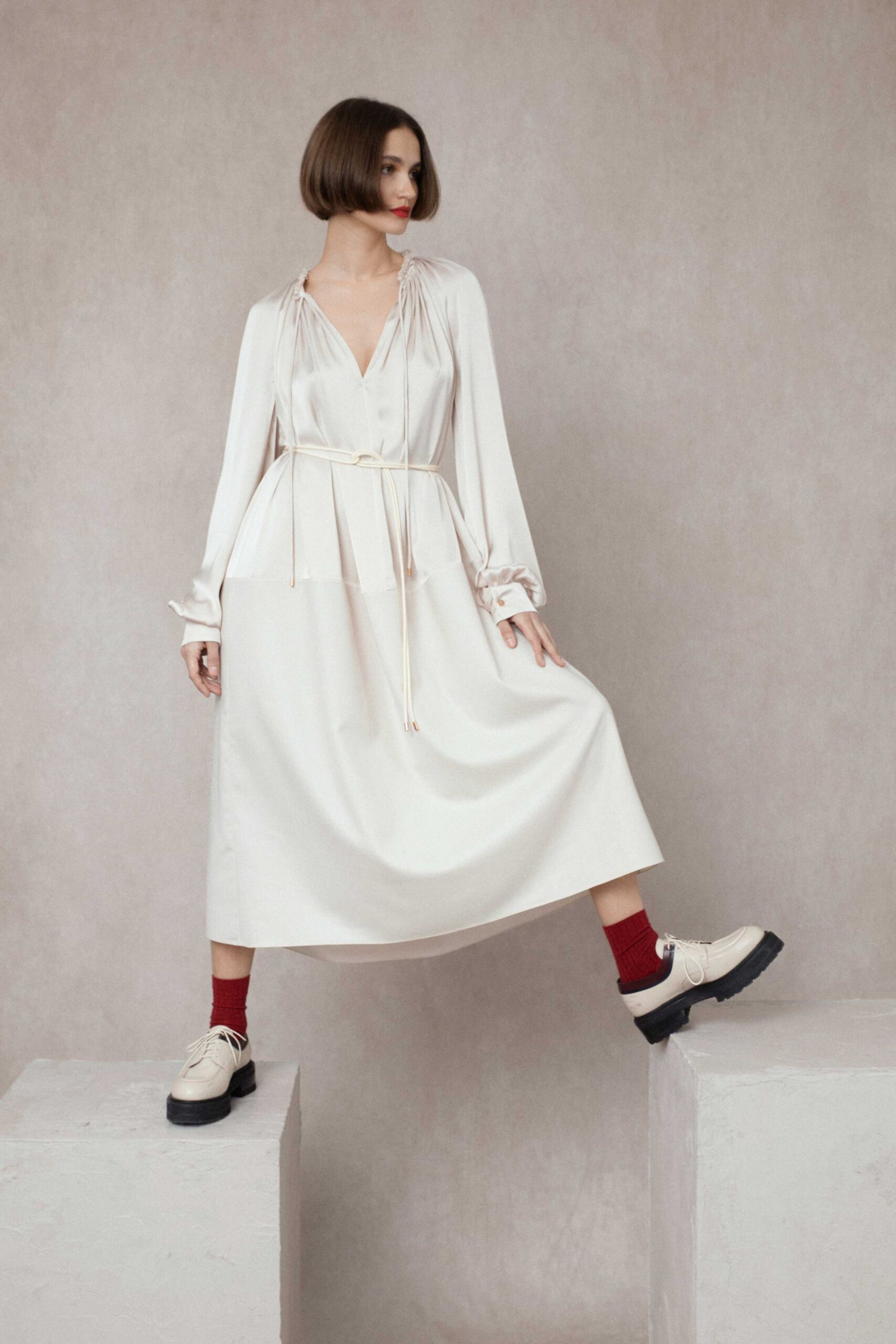 white silk relaxed midi dress with shoes