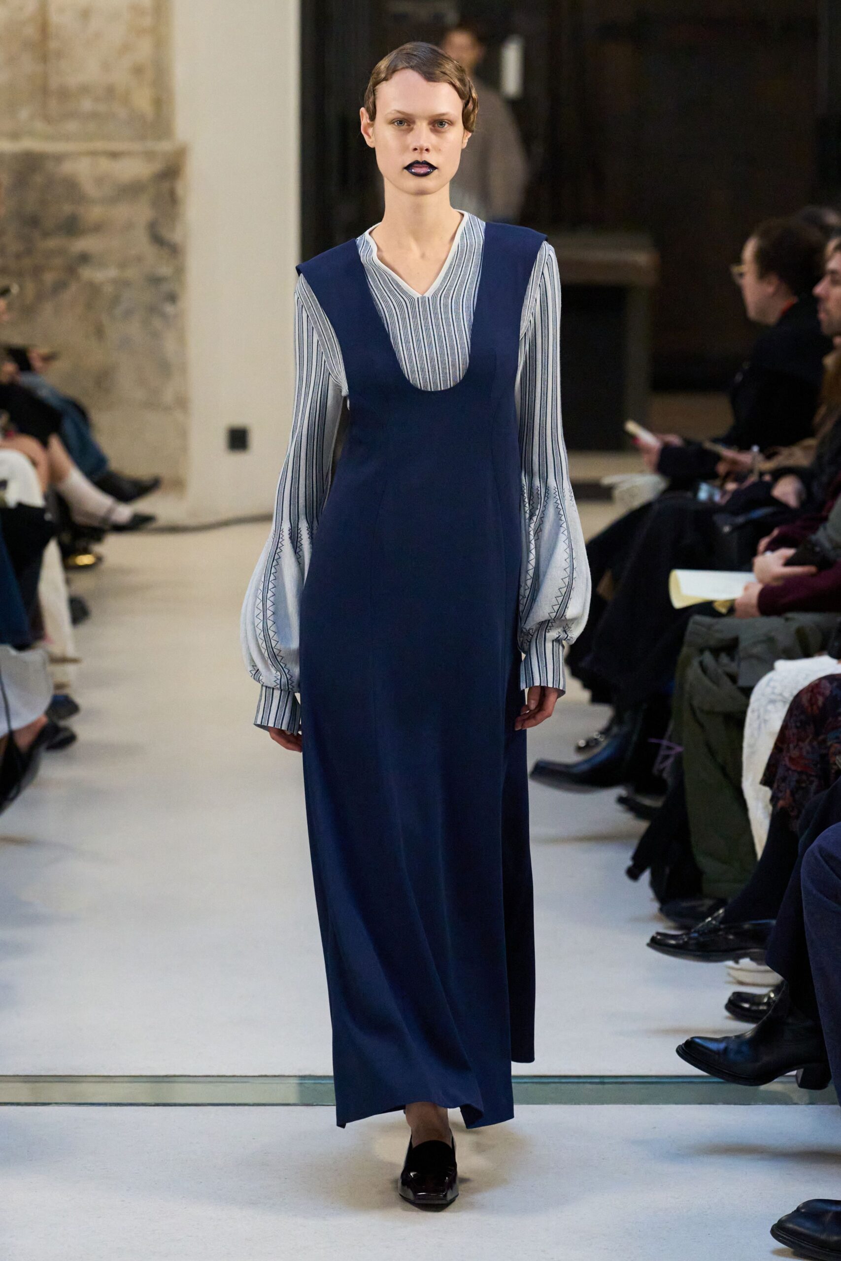 blue maxi dress with striped shirt