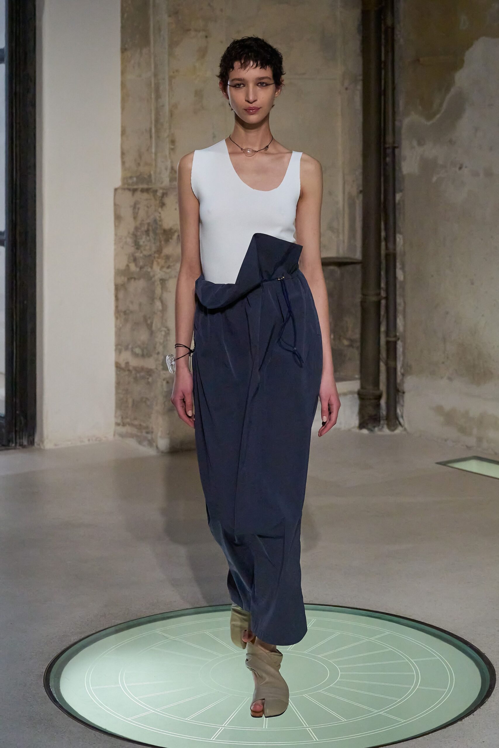 blue cotton relaxed high-waisted draped midi skirt